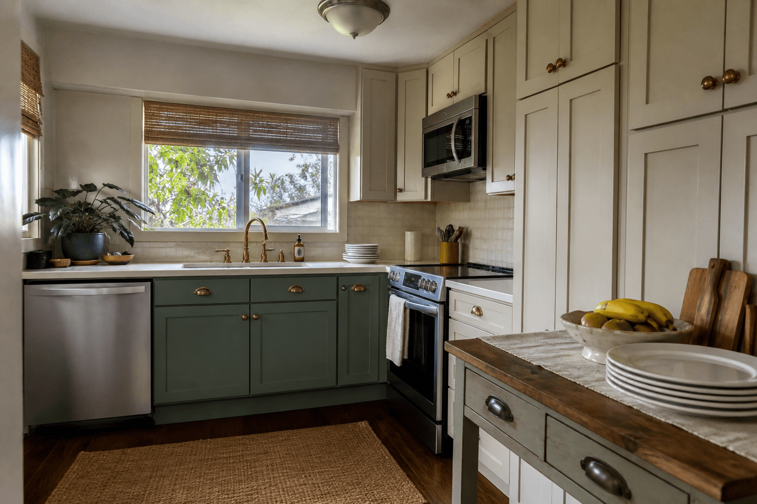 A Līhuʻe in-town household kitchen, compact range, unused ivory plates, not a villa.