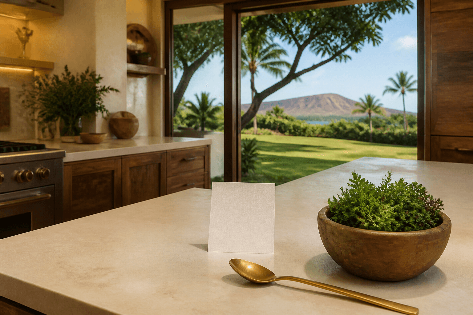 A Poʻipū villa kitchen in clearer South Shore light, blank cream card, dry ridge beyond.