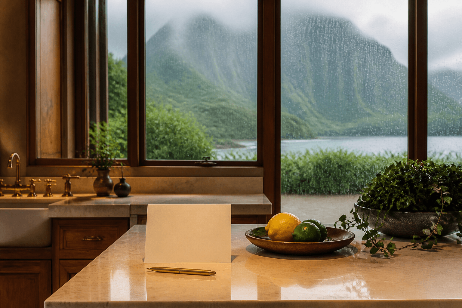 A Princeville estate kitchen in wet light, blank cream card, misted fluted mountains.