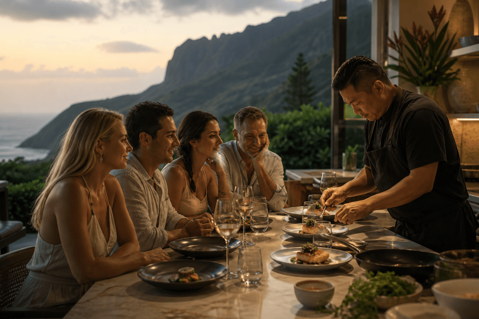 Guests at a Princeville kitchen counter at dusk, seared fish, misted mountains.