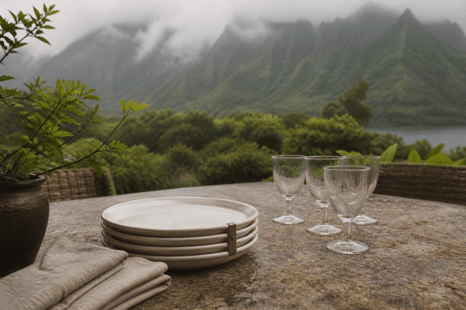 Unused ivory plates and empty glasses on a Princeville stone table in misted rain light.