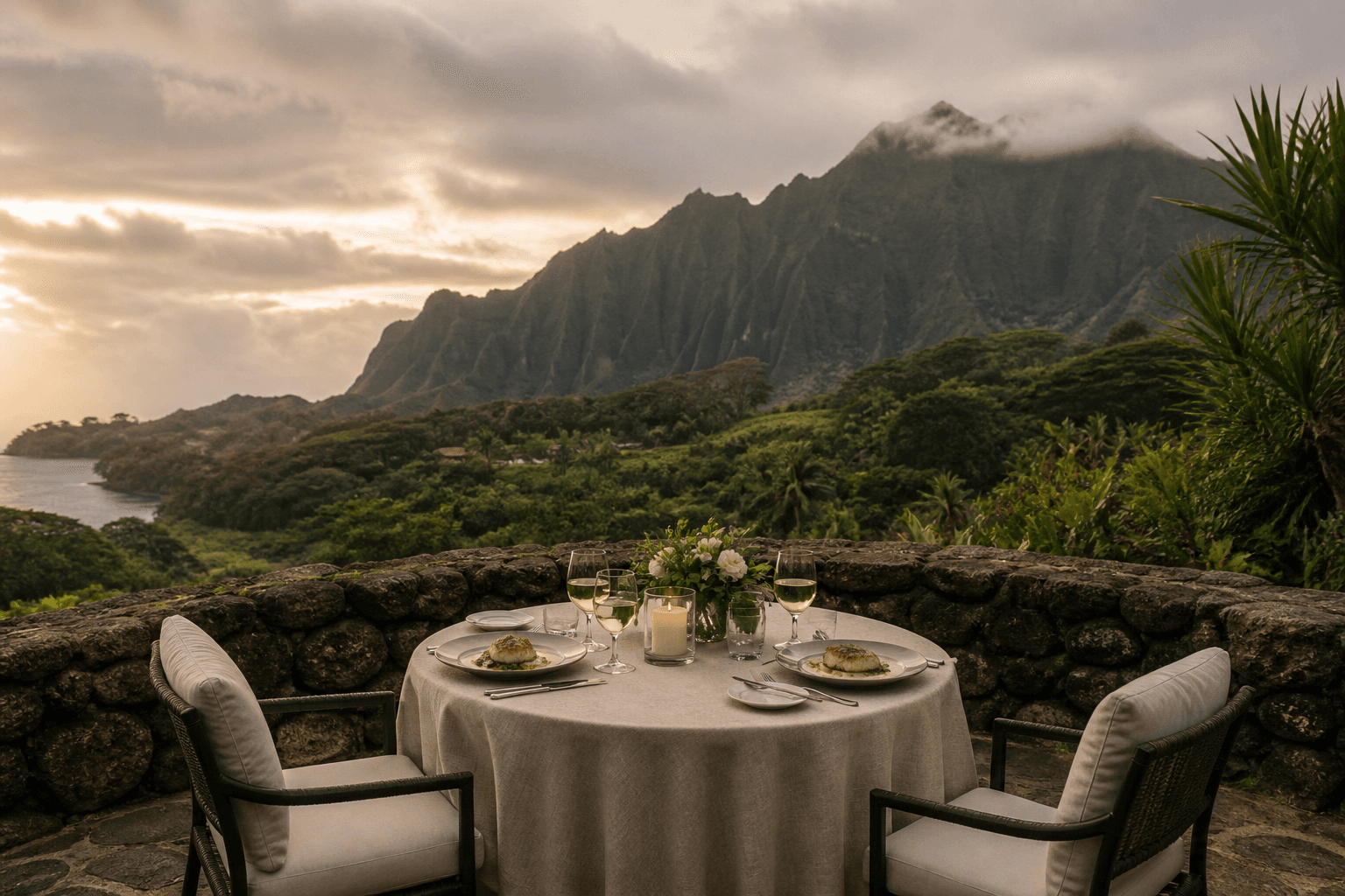 Two seats on a Princeville terrace — plated fish, misted fluted mountains.