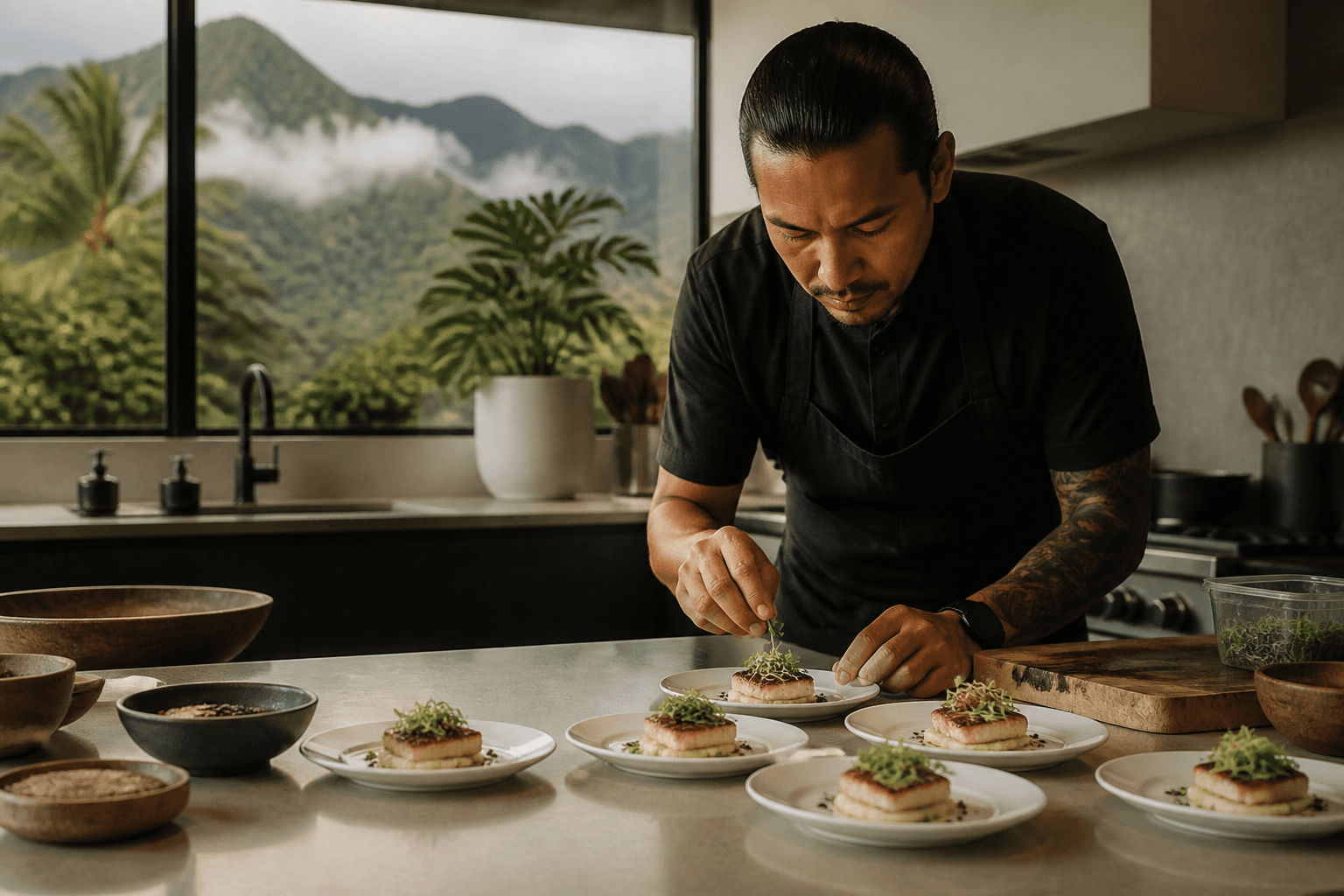 Small tasting plates on a Princeville counter, seared fish, misted mountains.