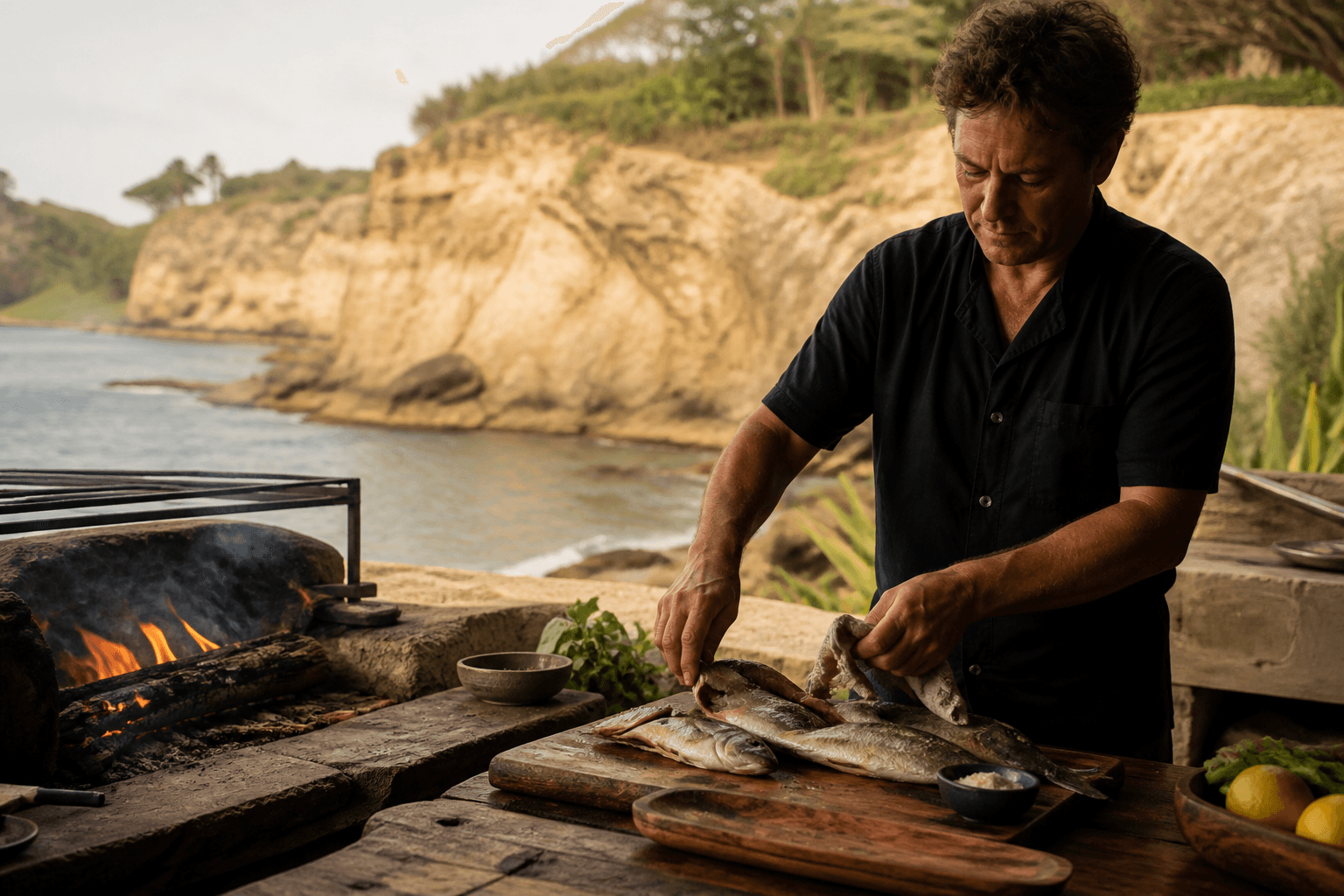 A Poʻipū estate grill — kiawe, pale cliffs, whole fish, inquiry-scale.