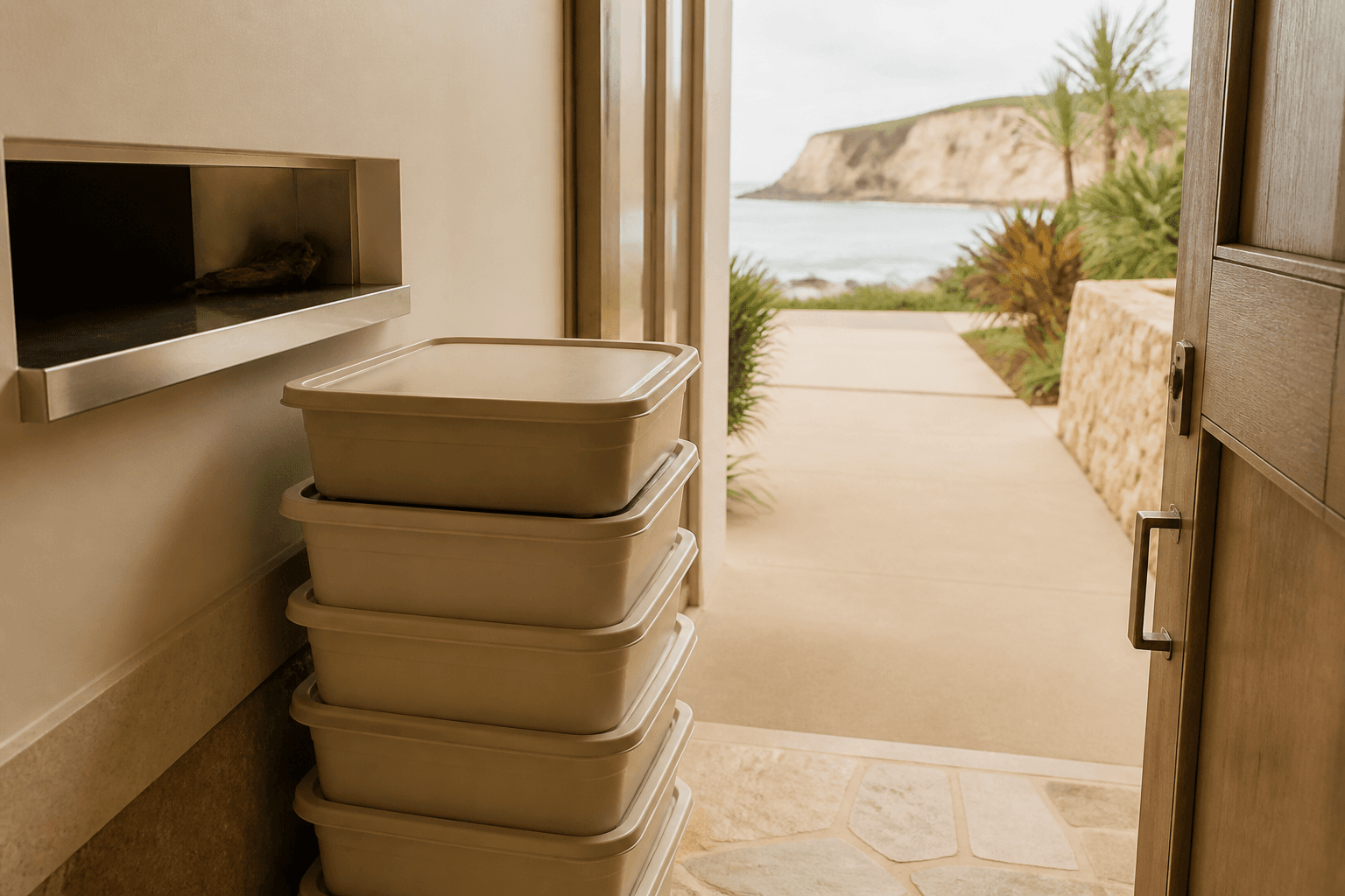 Trays at a Poʻipū estate door, unused pass — drop-off is not staffed service.