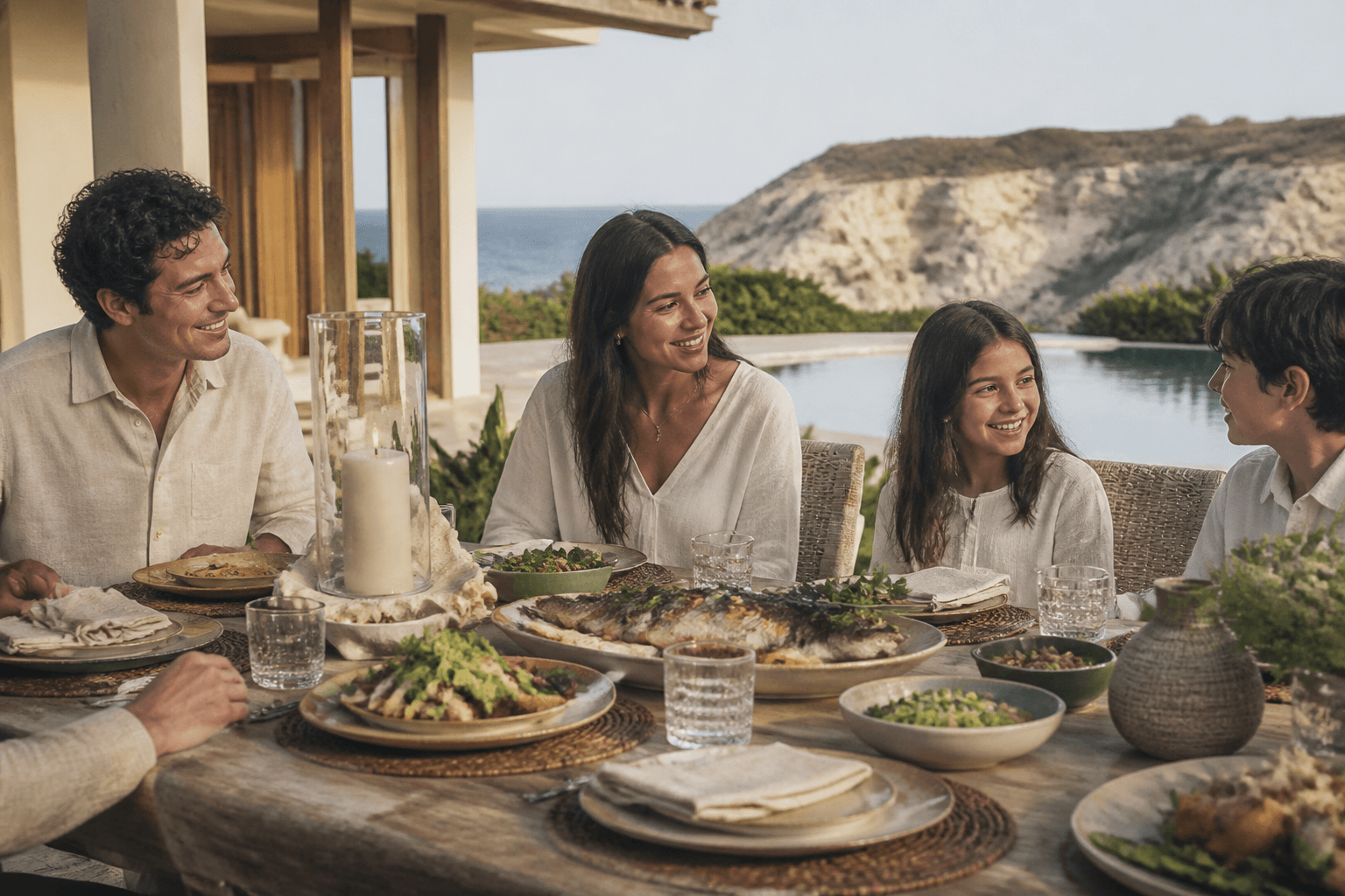 Shared platters on a Poʻipū estate table, pool and pale cliffs.
