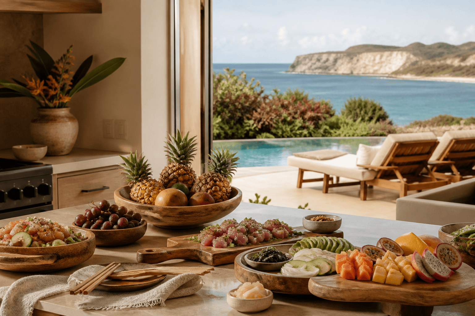 Grazing boards in a Poʻipū kitchen — poke, fruit, pool and pale cliffs.