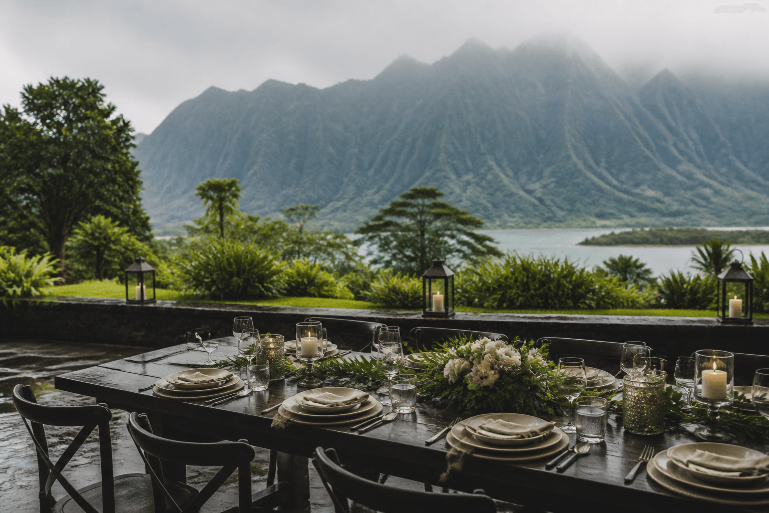 Coursed plates on a Princeville estate table, misted mountains.