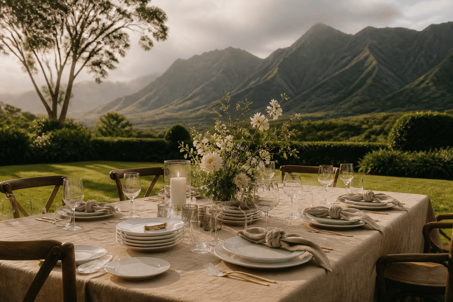 Unused ivory plates and extra glasses on a Kauai estate lawn table in misted valley light.
