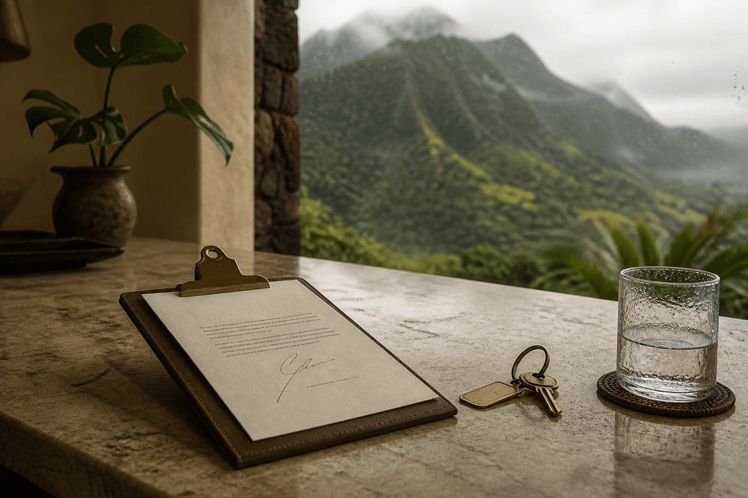 A brass clip holding a signed Kauai inquiry quote on a Princeville counter, wet glass, mountains.
