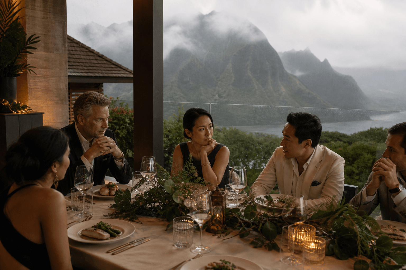 An executive dinner on a Princeville estate table — plated fish, misted mountains, inquiry-stage house.