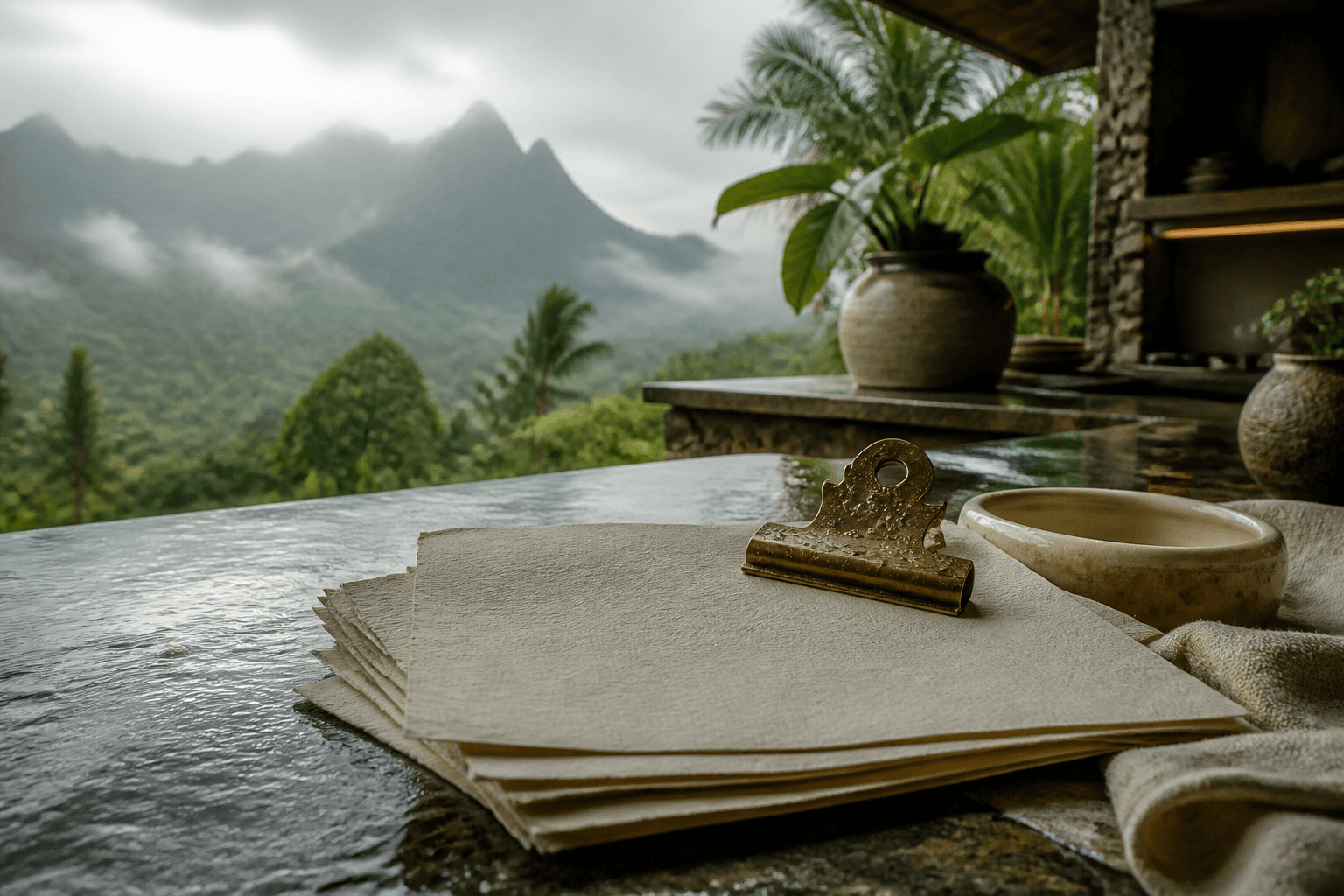 Unused ivory papers under a rain-beaded brass clip on a wet Princeville stone pass.