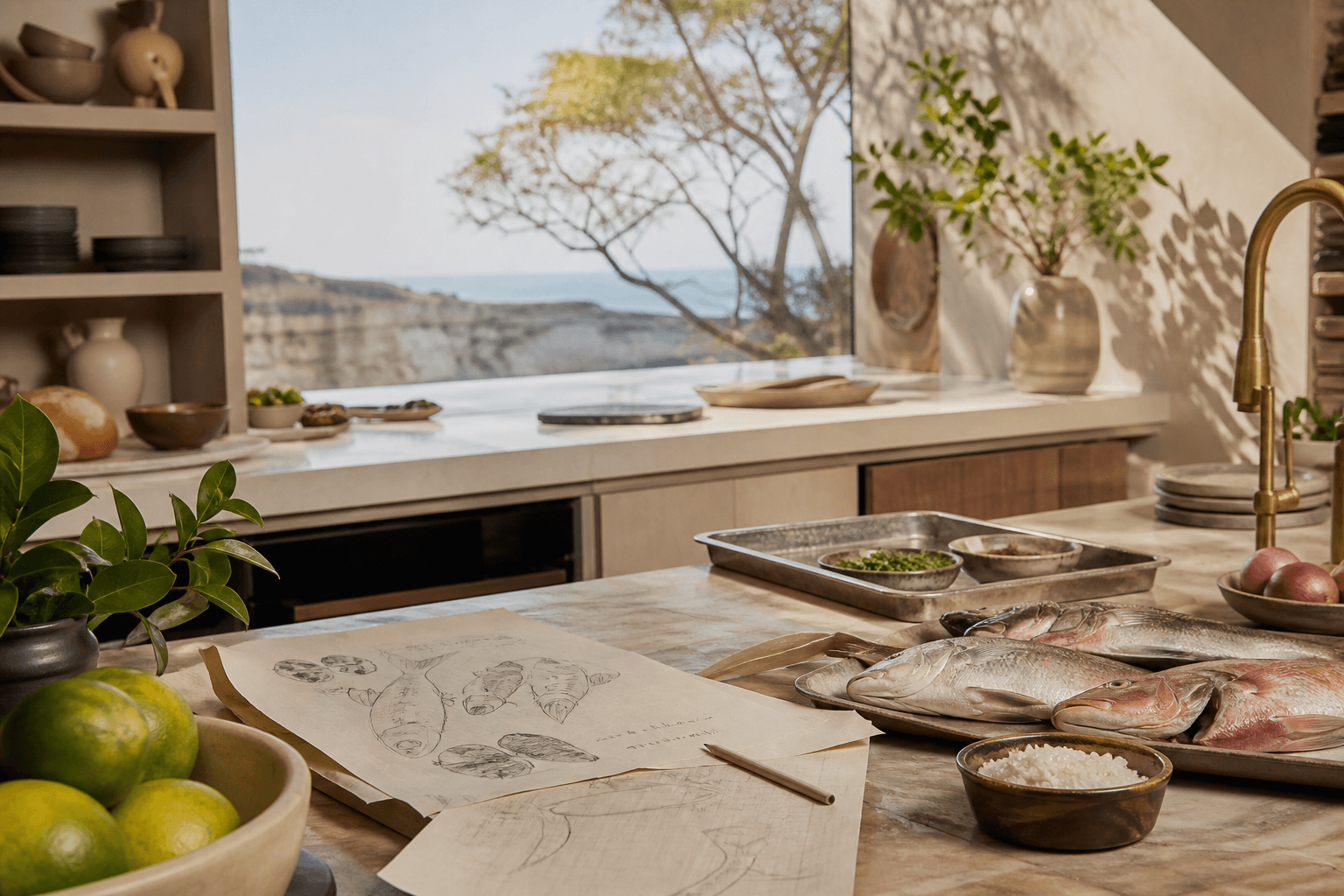 A Poʻipū kitchen with a pencil menu draft, whole fish, pale cliffs and kiawe.