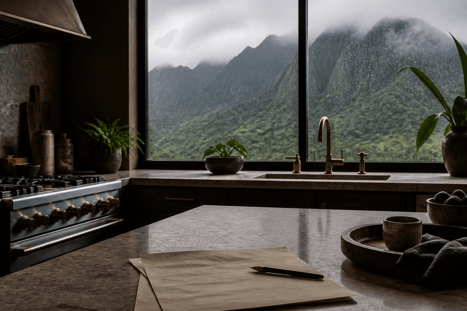 A Princeville estate kitchen counter with a quote sheet, misted mountains through wet glass.
