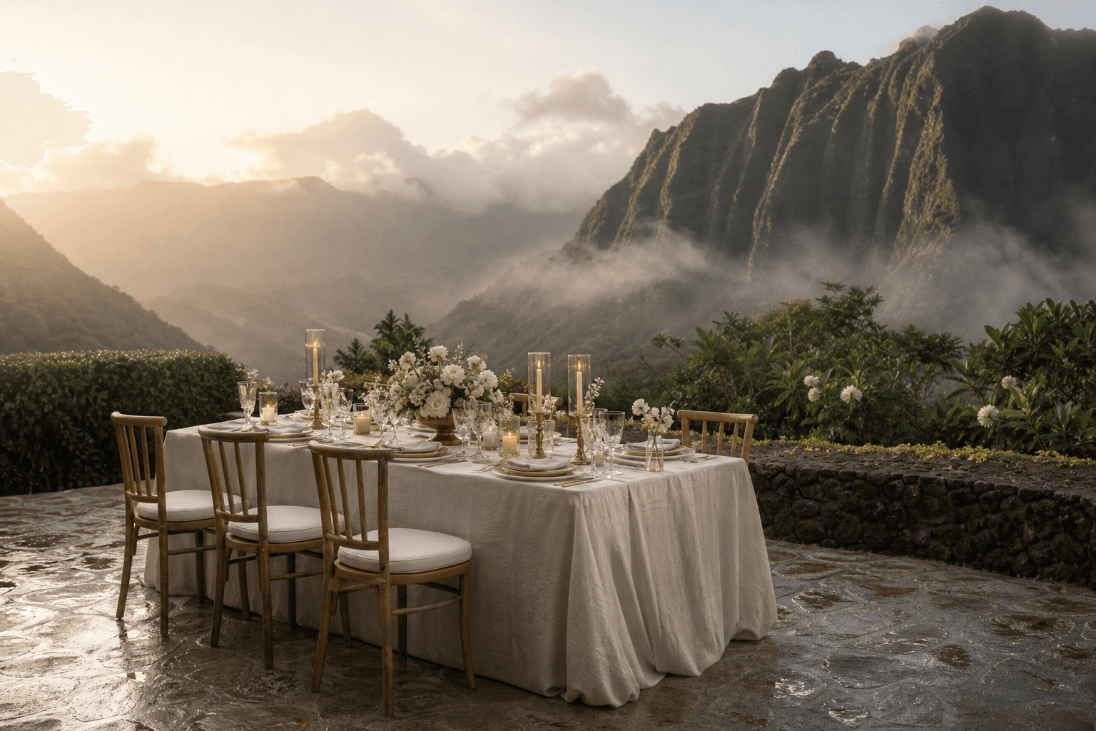 A Kauaʻi estate wedding-week table looking into a misted valley at golden hour.