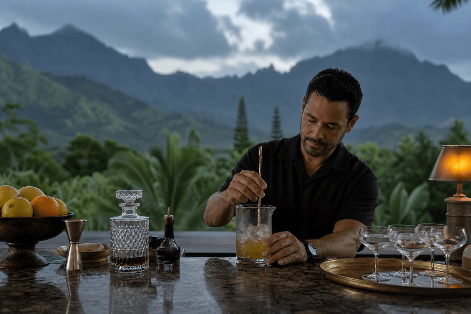 Kauaʻi estate terrace bar at blue hour, misted mountains behind, citrus cocktail in a coupe.