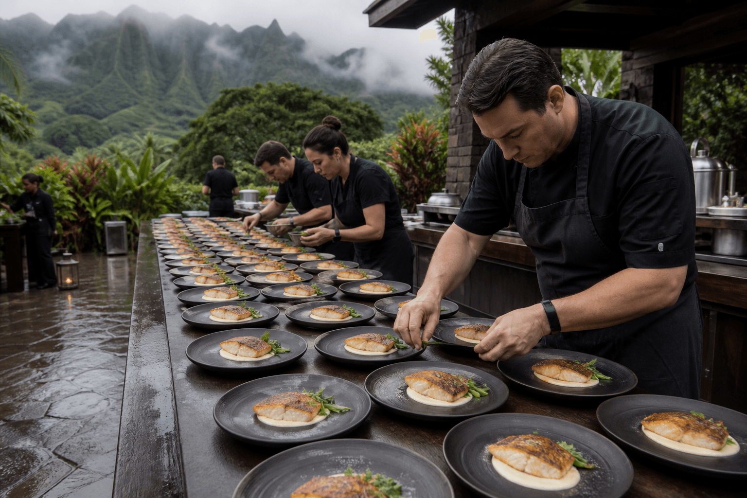 Kauaʻi estate catering on a wet North Shore stone terrace, misted mountains, identical plated fish.