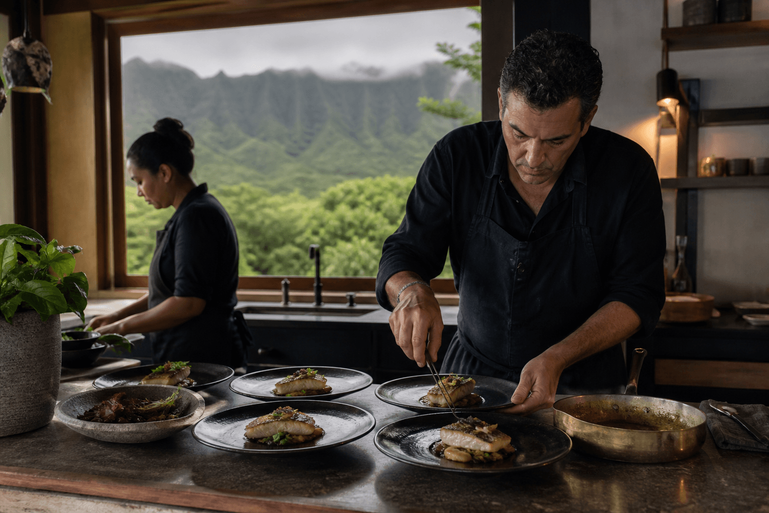 A personal chef plating seared fish in a Kauaʻi villa kitchen, misted mountains through the window.