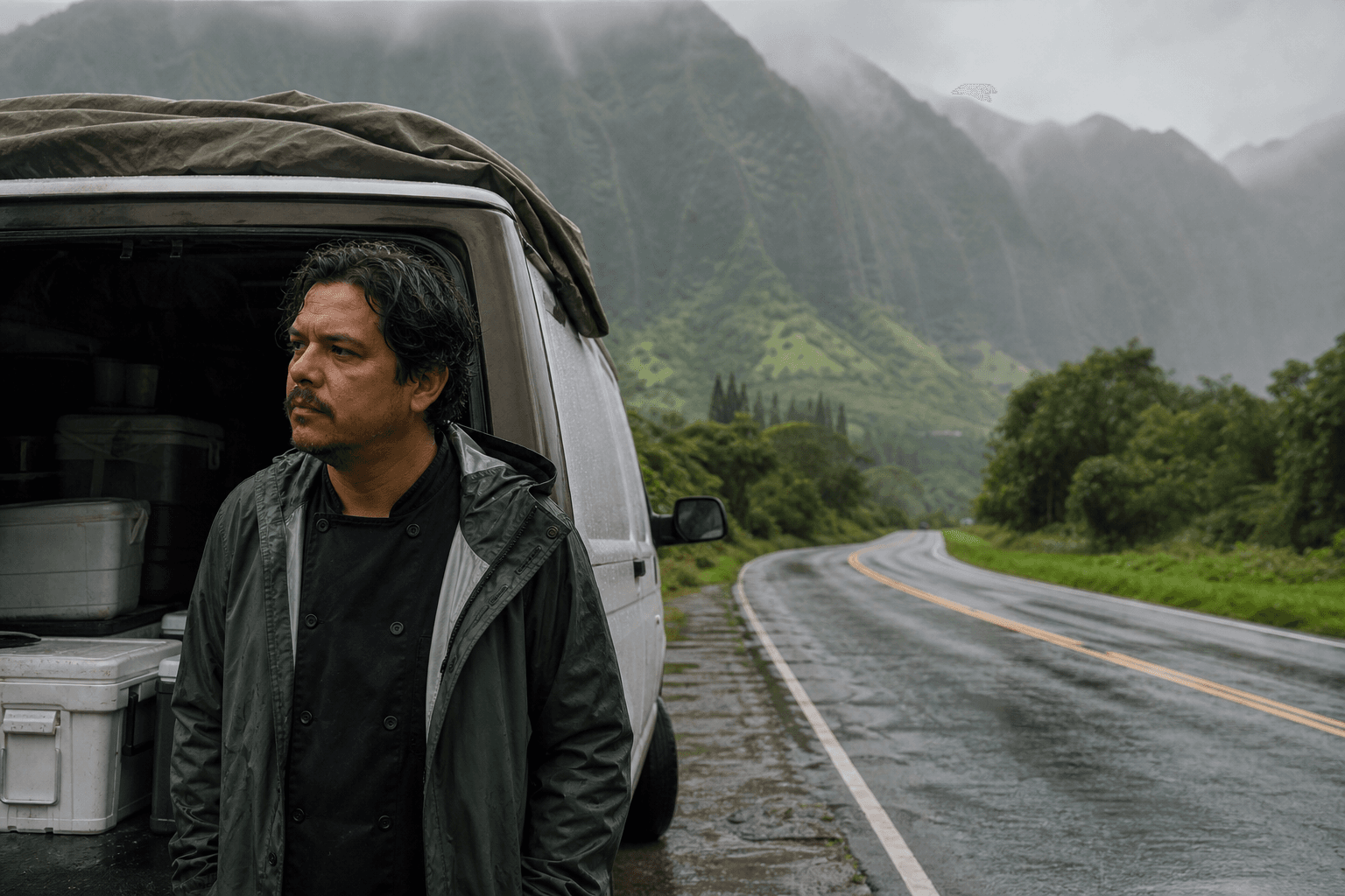 A wet North Shore road toward a misted Hanalei valley — chef waiting with coolers.