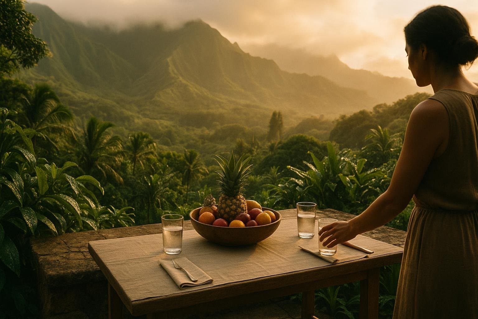 A Kauaʻi estate table at golden hour looking into a misted valley of fluted green mountains near Hanalei.