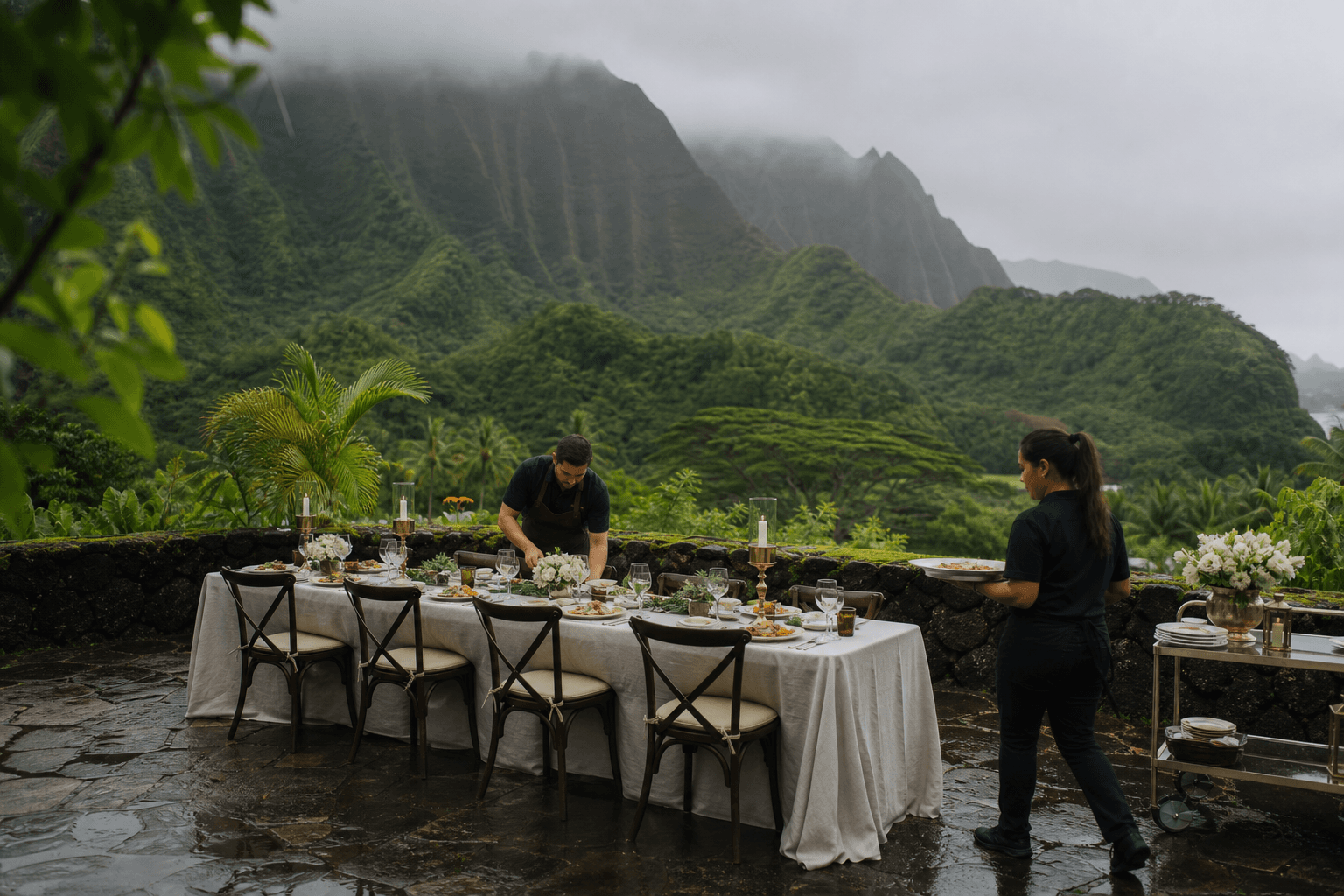A Kauaʻi estate gathering on a wet North Shore terrace, misted mountains, a long set table.