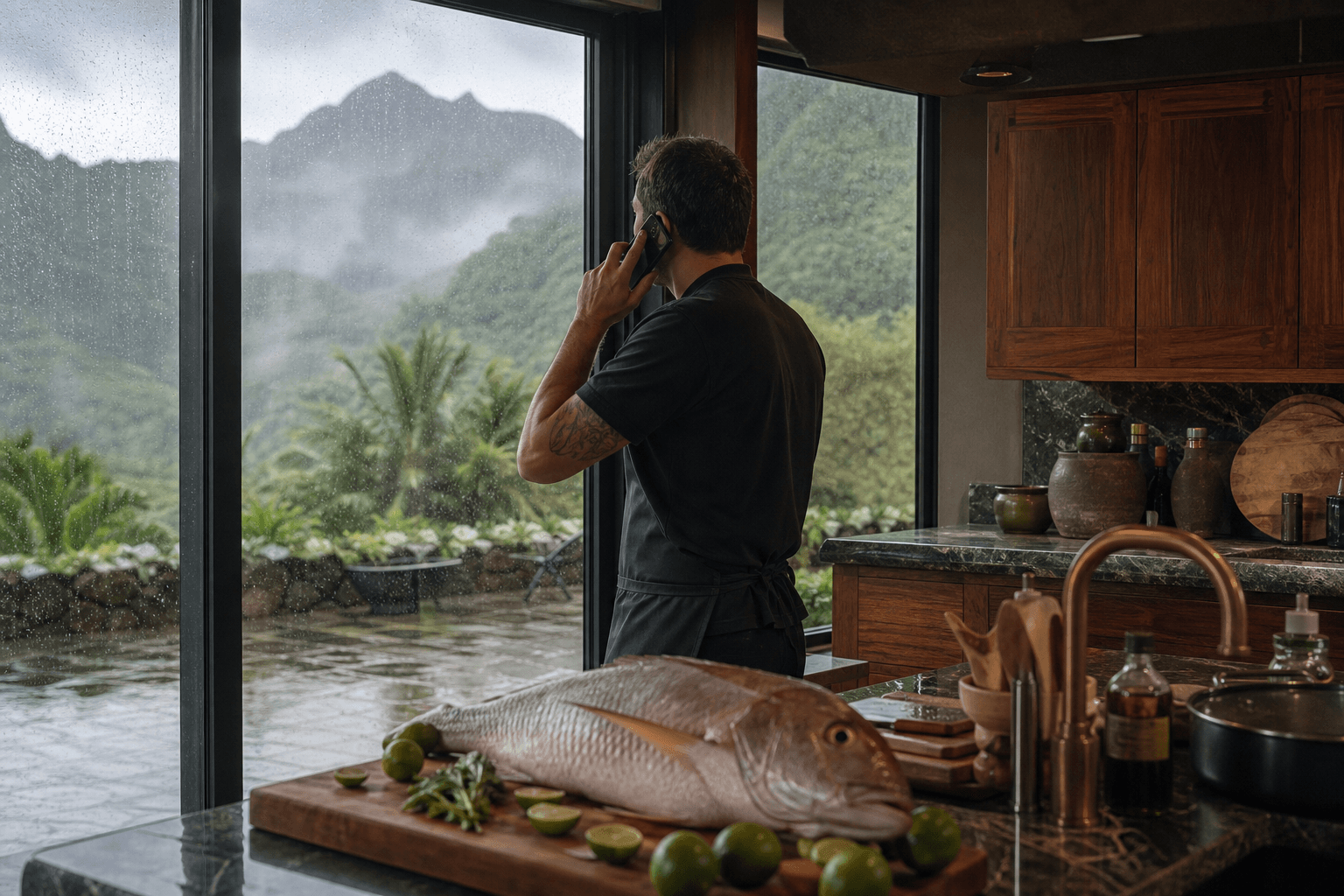A Kauaʻi North Shore kitchen in rain — chef on the phone, misted mountains through wet glass.