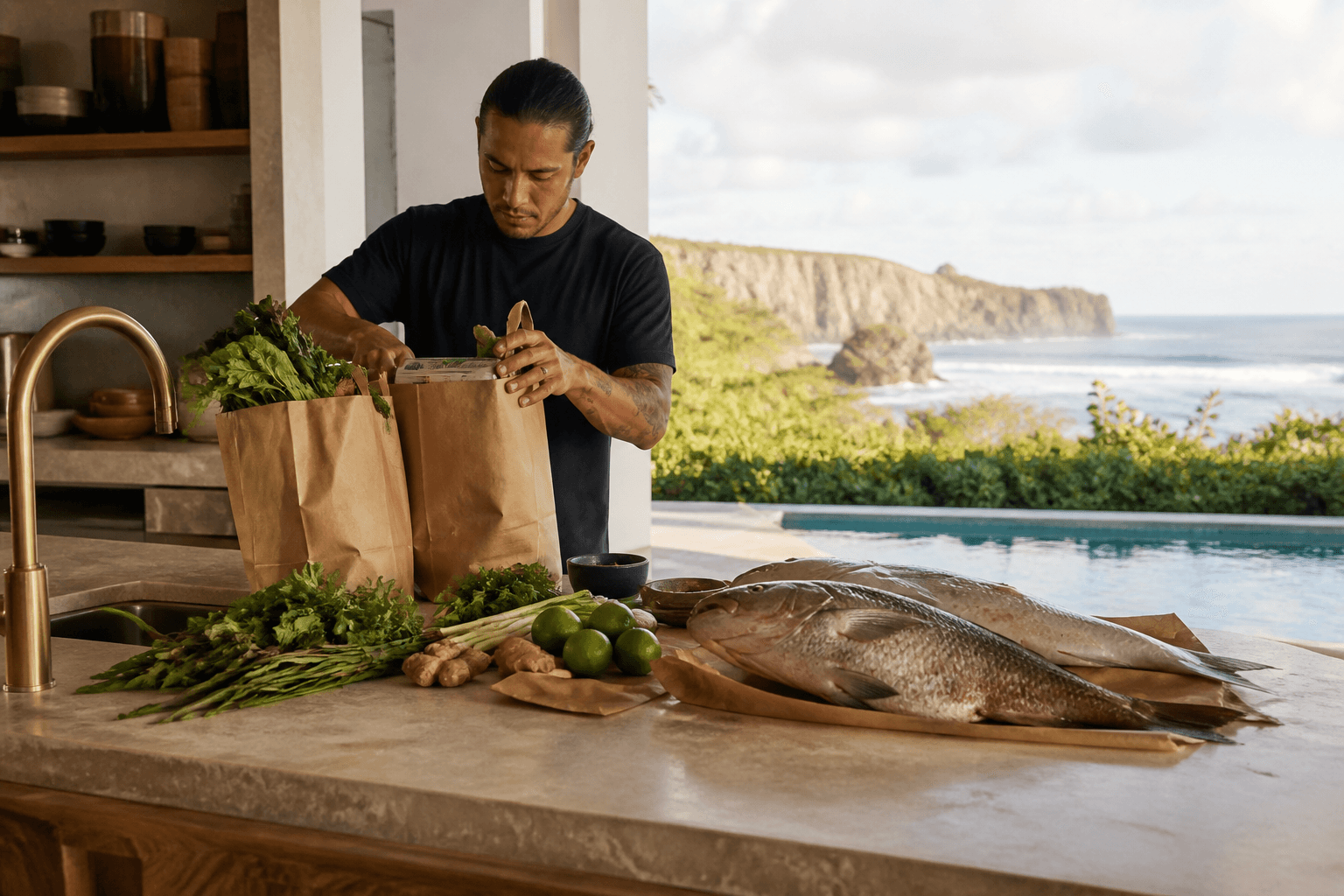 A chef unpacking a Poʻipū kitchen — whole fish, pool and pale south-shore cliffs.