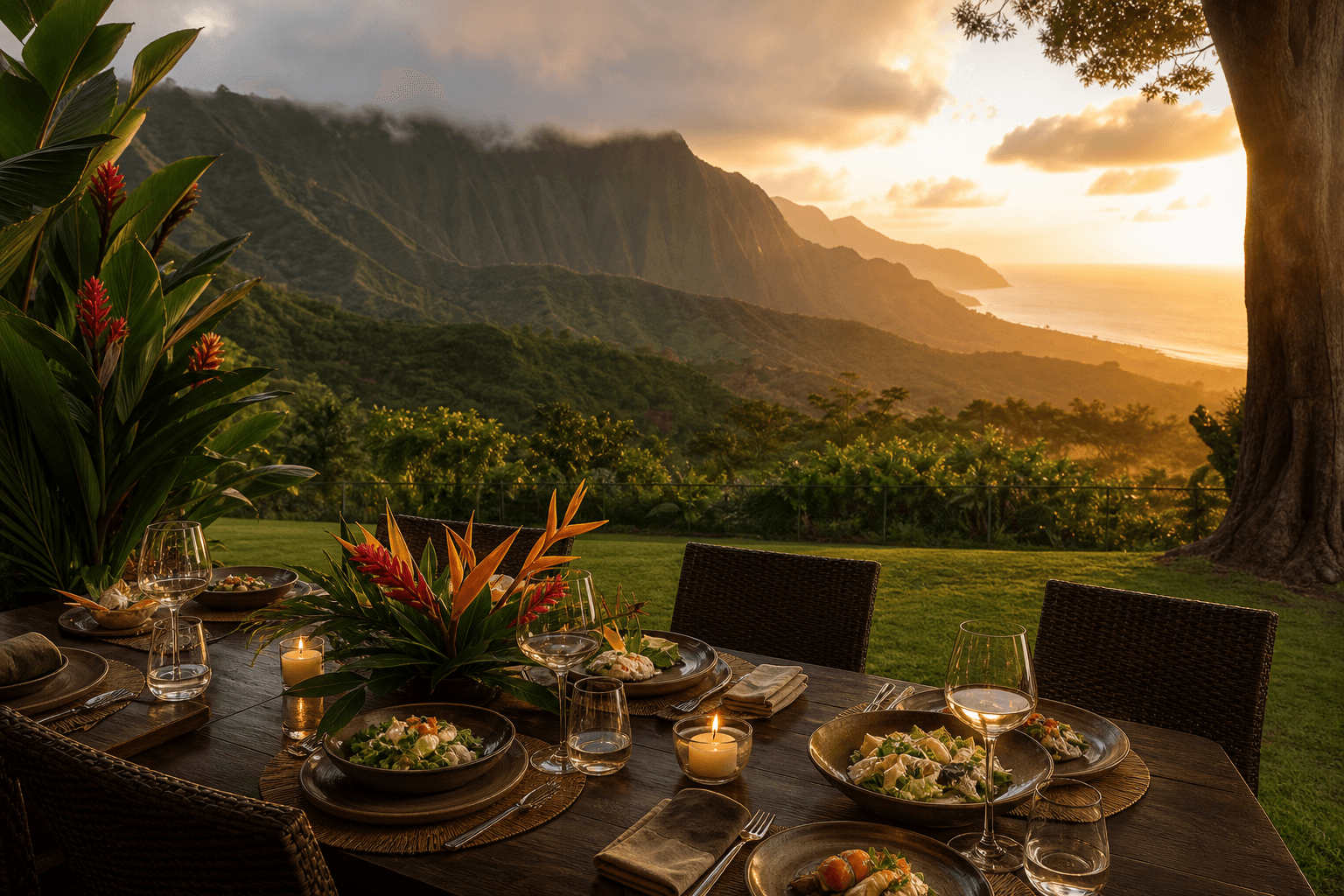 Private chef Kauai estate table facing a misted valley of fluted mountains at golden hour.
