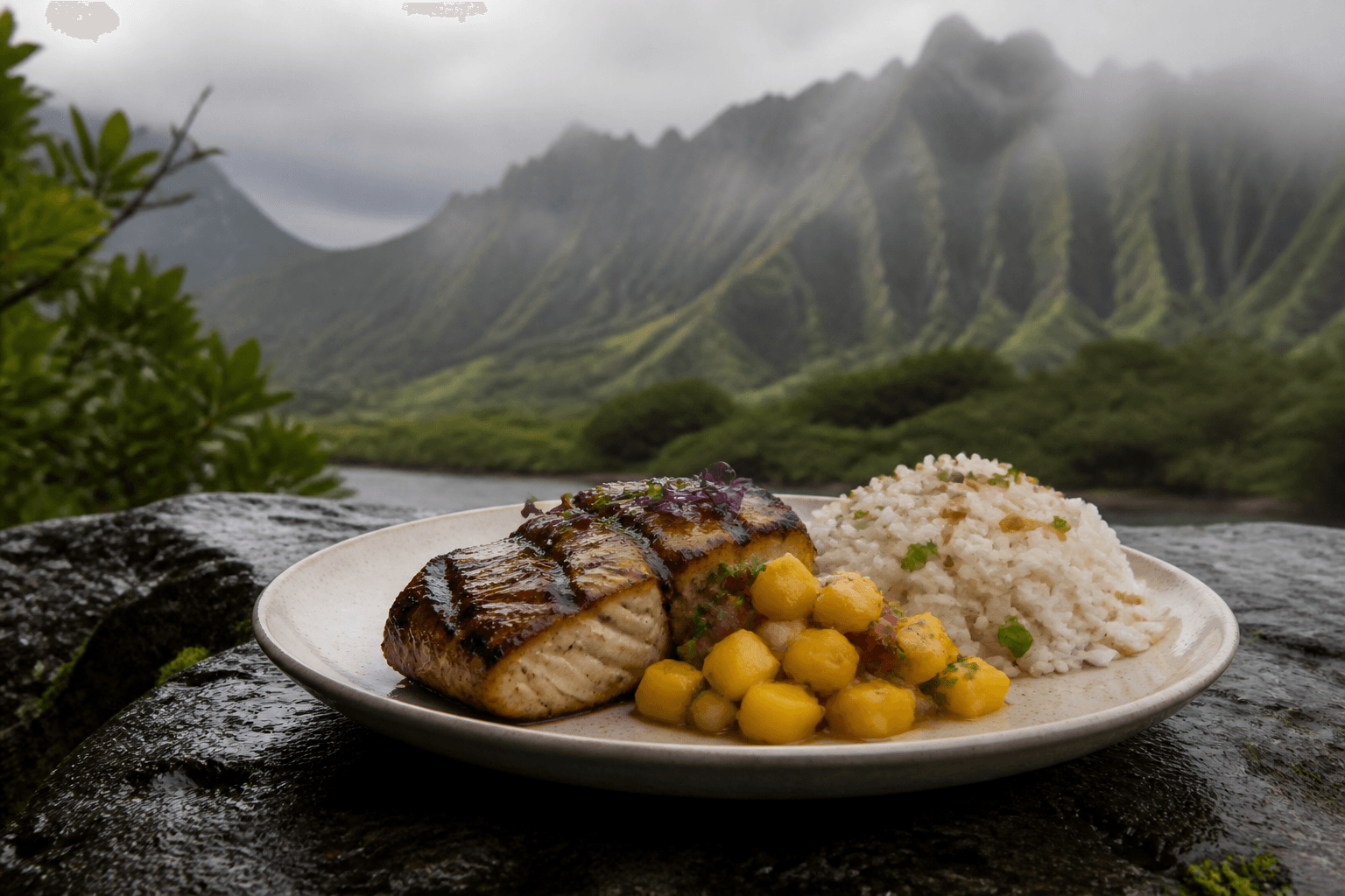 Wood-grilled catch on wet North Shore stone, misted fluted mountains behind.
