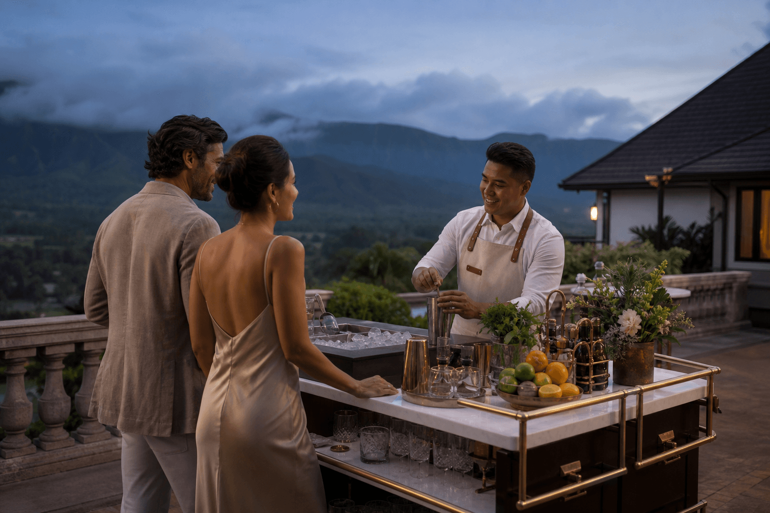 A 4-hour mobile bar cart on a Kauaʻi estate terrace at blue hour, misted mountains behind.
