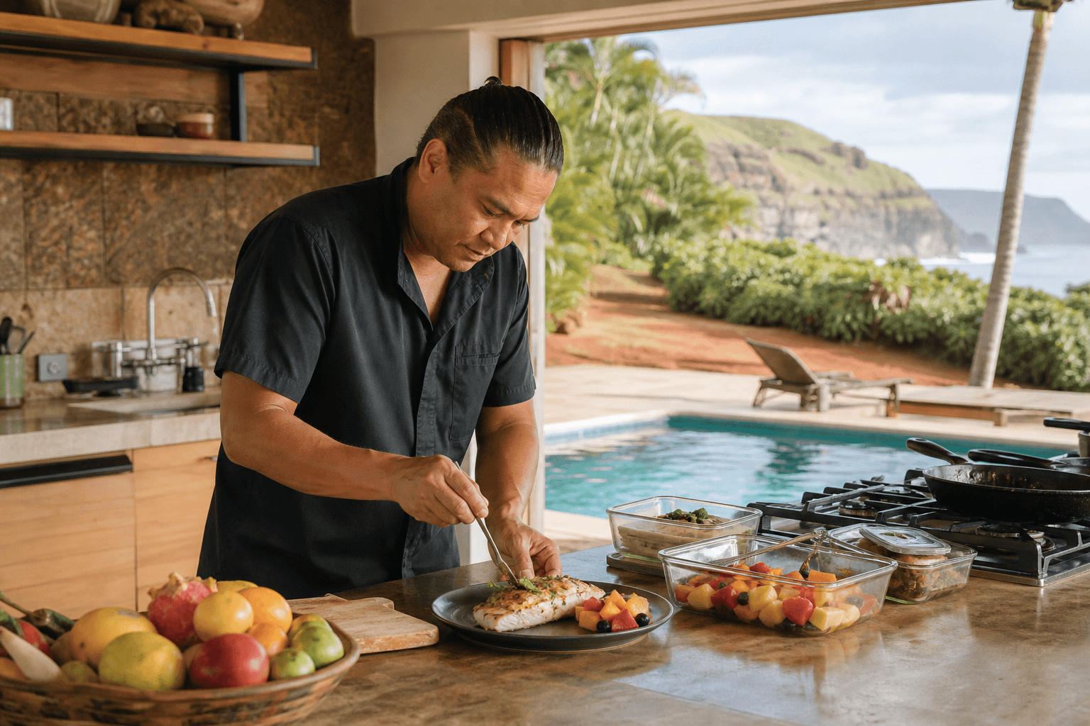 A Kauaʻi vacation chef plating breakfast in a Poʻipū kitchen opening to a pool and pale south-shore cliffs.