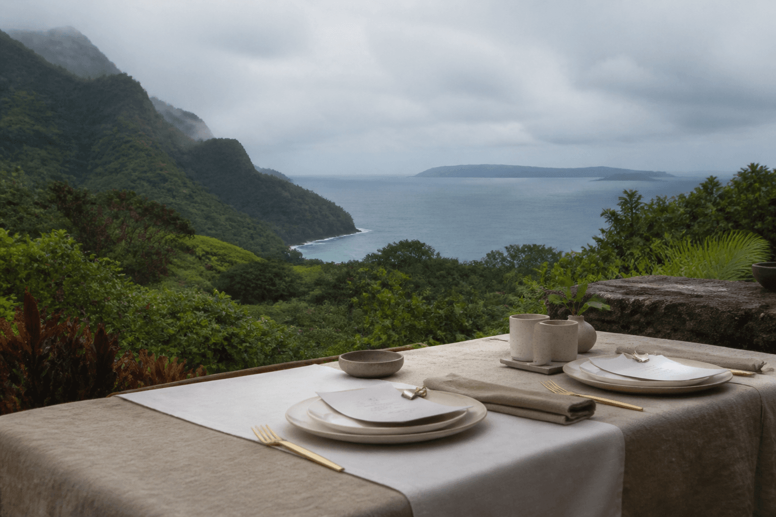 Unused ivory plates on a Princeville stone pass in misted rain light, open channel horizon.