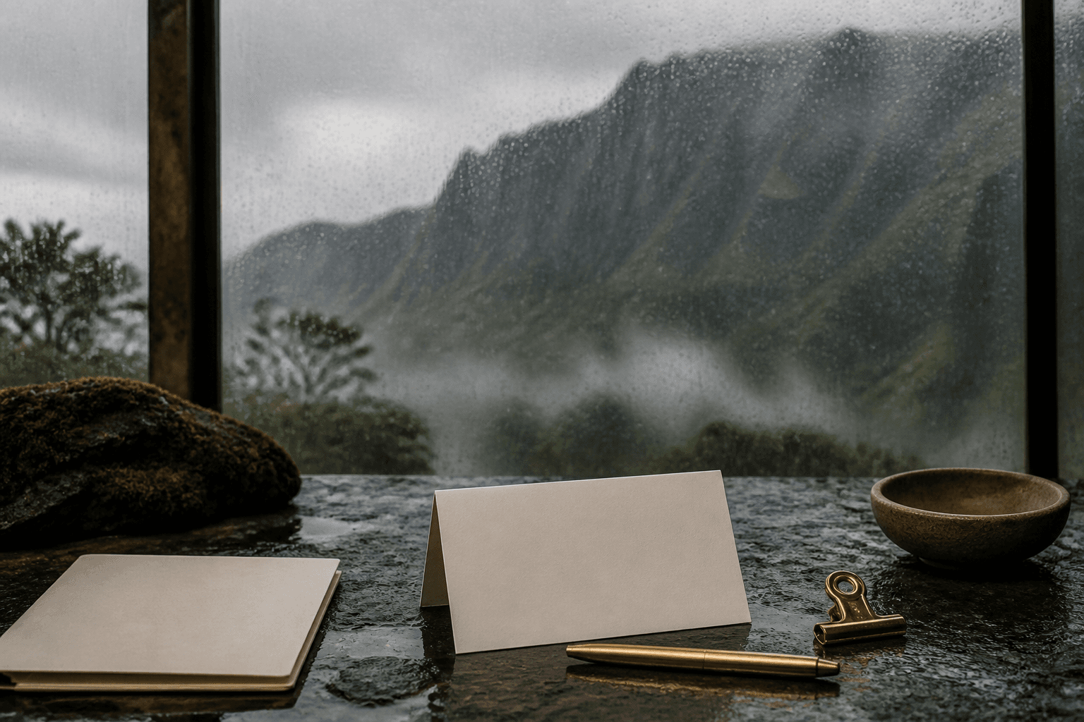 A blank cream card and brass pen on a wet Princeville stone table, mountain mist.