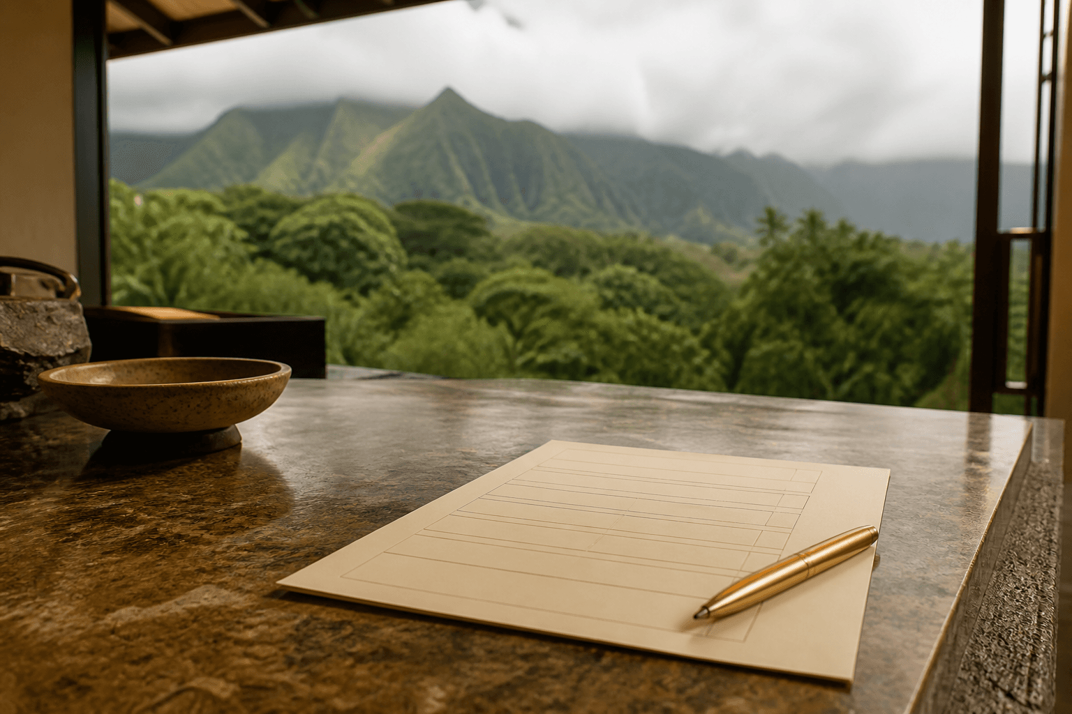 An itemised Kauai inquiry draft on cream paper on a Princeville counter, misted mountains.
