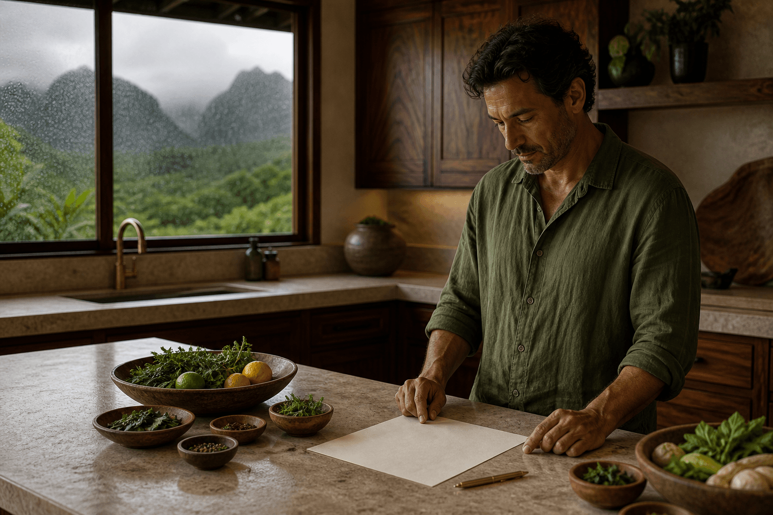 Blank cream paper and citrus on a wet Princeville counter, misted mountains through the rain.