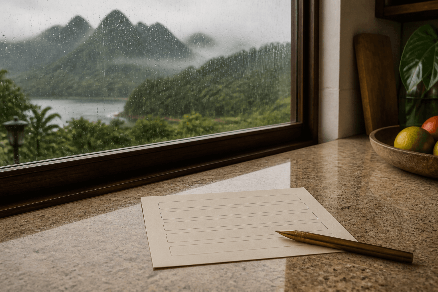 A five-field inquiry card on a Princeville kitchen counter, rain on the glass, misted peaks.