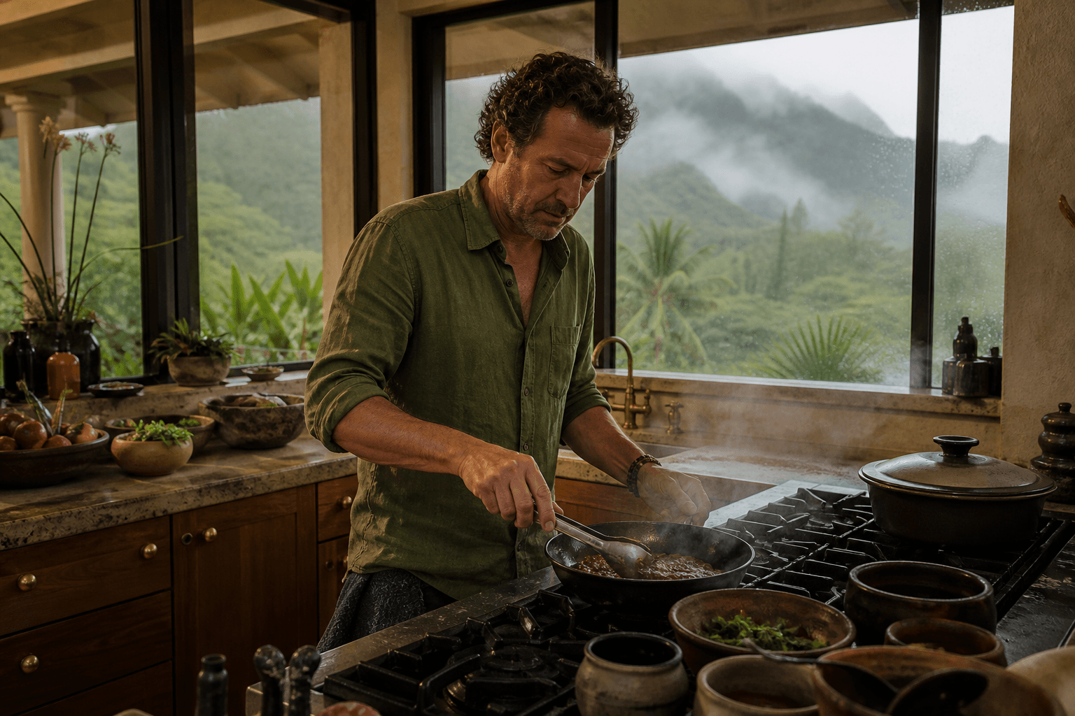 A chef at a Princeville estate range, rain on the glass, misted fluted mountains beyond.