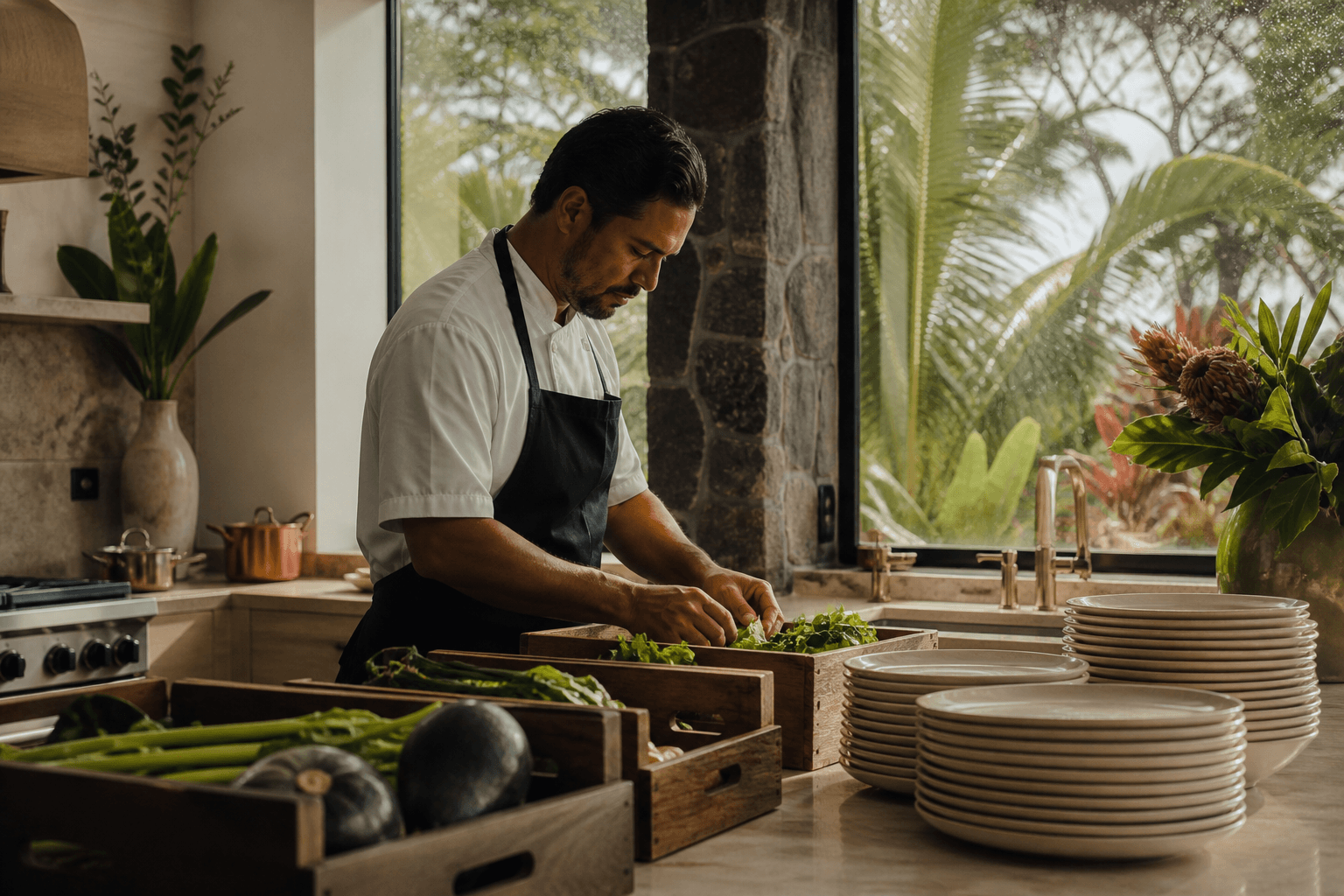A chef stacking unused ivory plates beside unmarked produce crates in a Poʻipū kitchen, pale south-shore light.