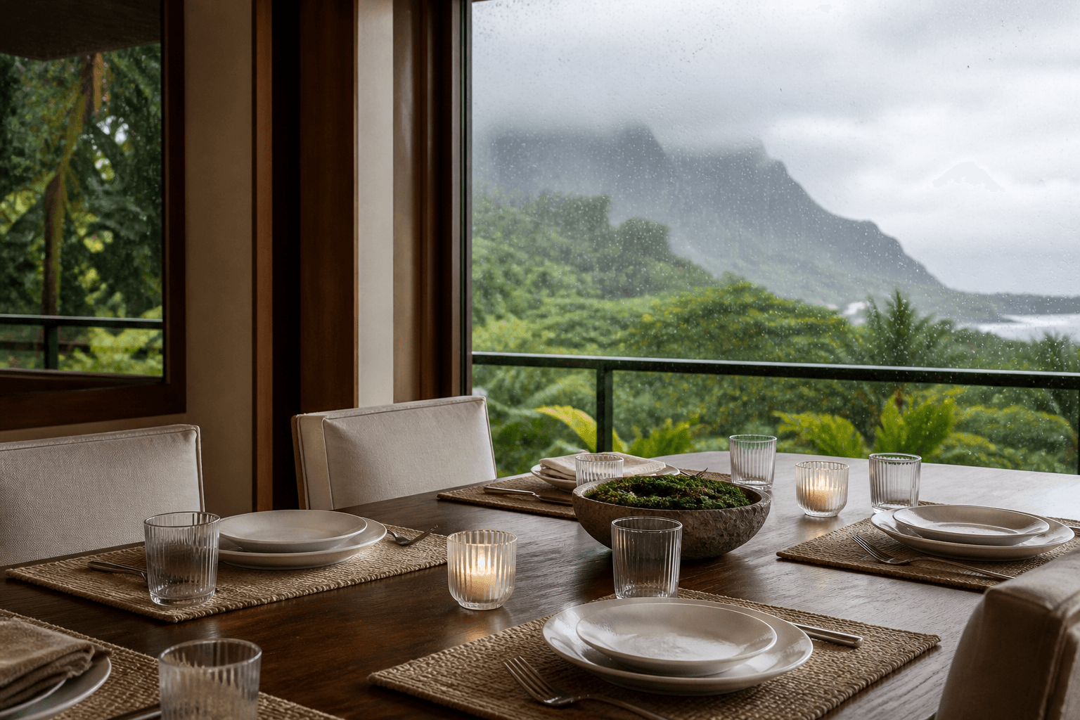 A Princeville estate dining table, rain on glass, empty ivory plates, moss-green foliage.