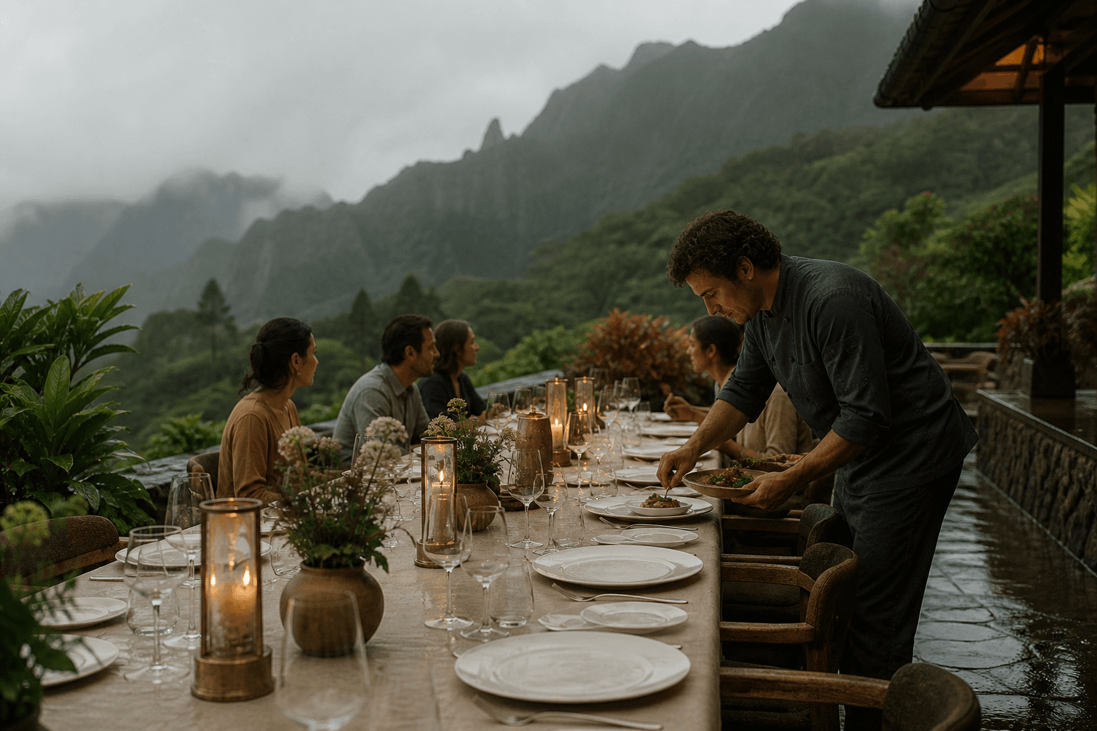 A chef plating a seated dinner on a wet Princeville stone terrace, unused extra settings, misted mountains.
