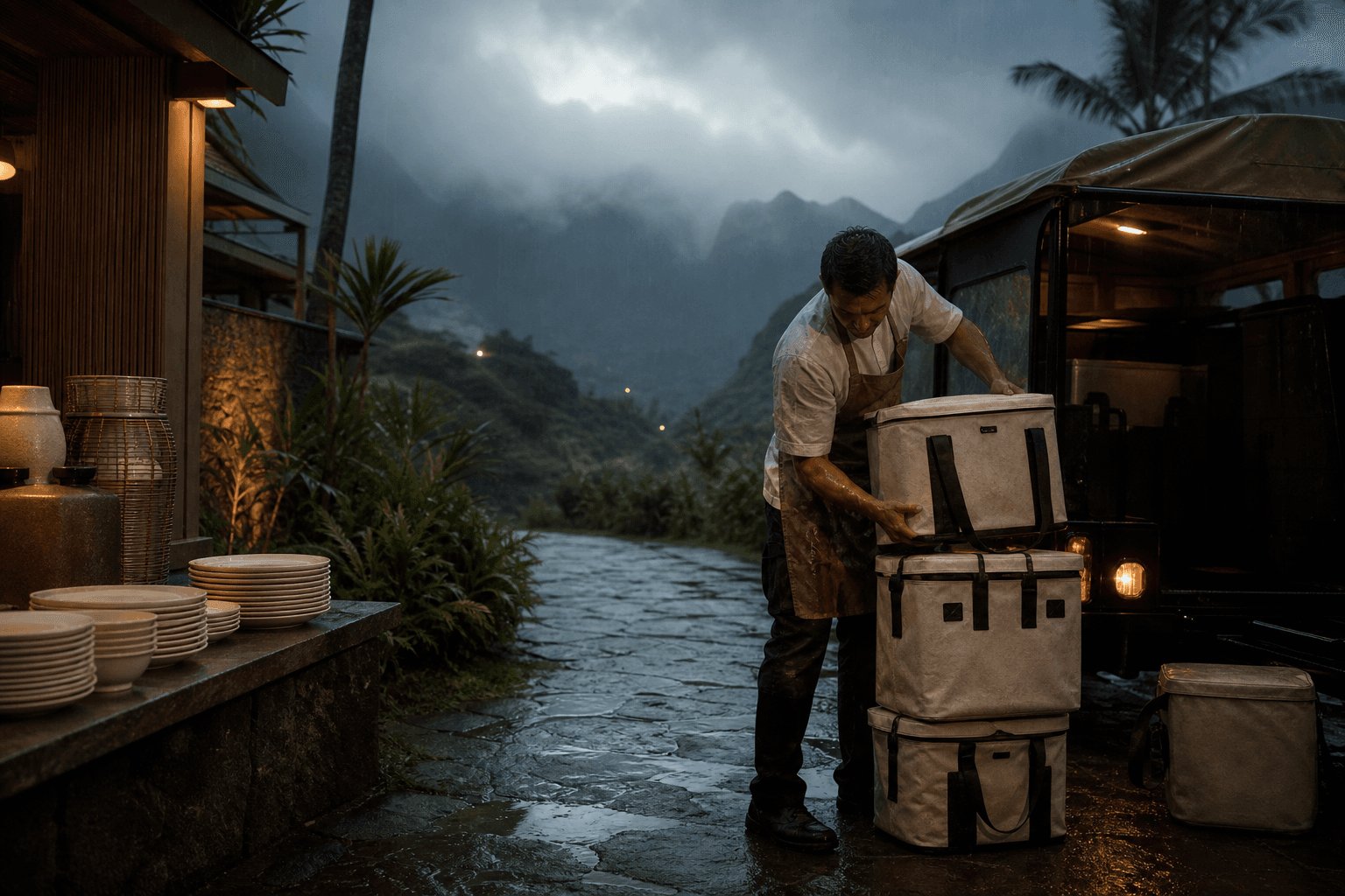 A chef loading stacked canvas coolers on wet Princeville stone, unused ivory plates, misted mountains.