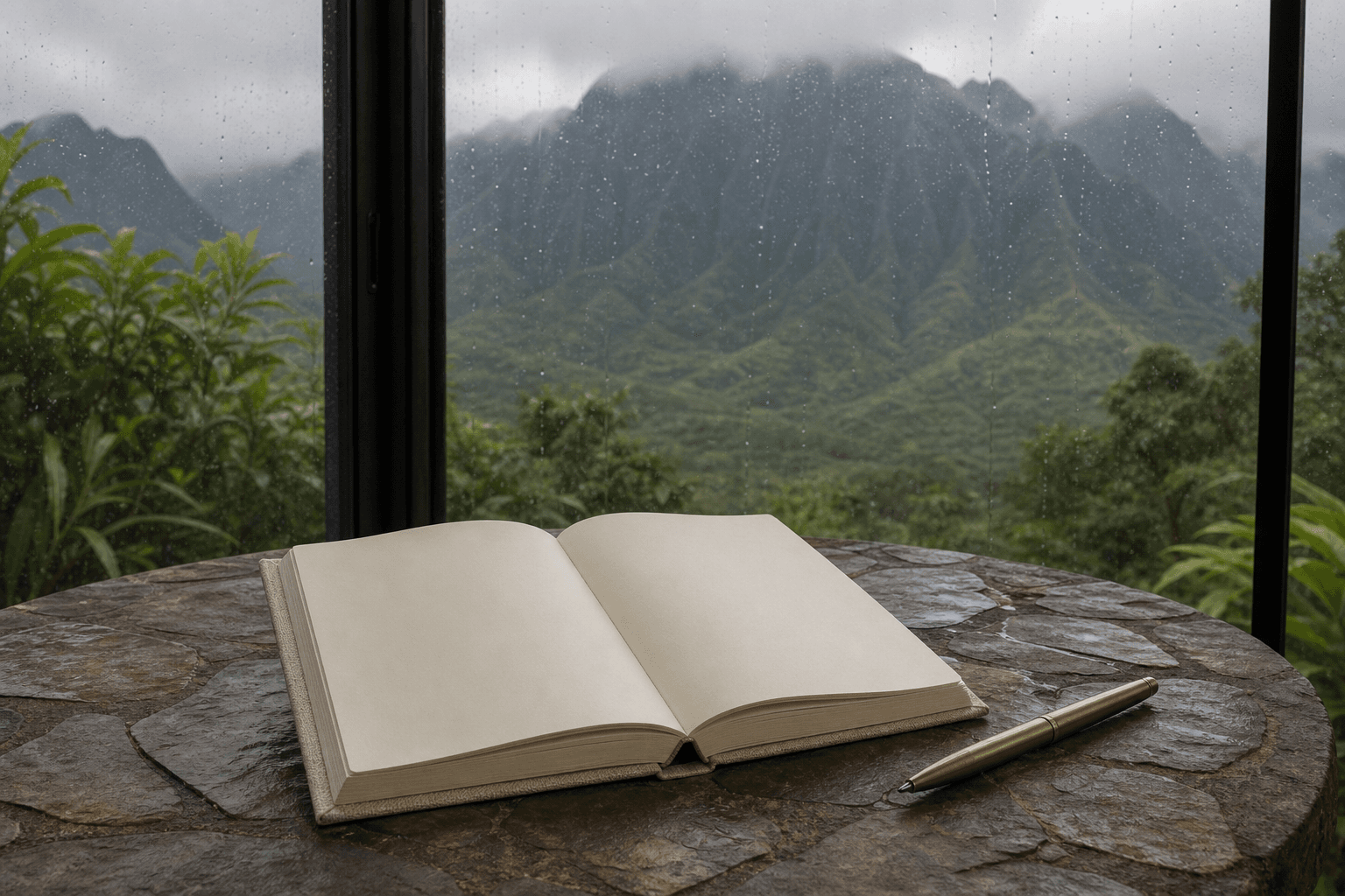 An open cloth-bound journal on a North Shore Kauaʻi stone table, rain on the glass, misted peaks.