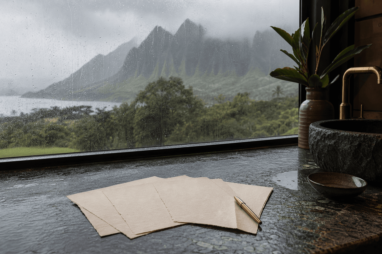 Cream booking notes on a Princeville stone counter, wet glass, misted fluted mountains.
