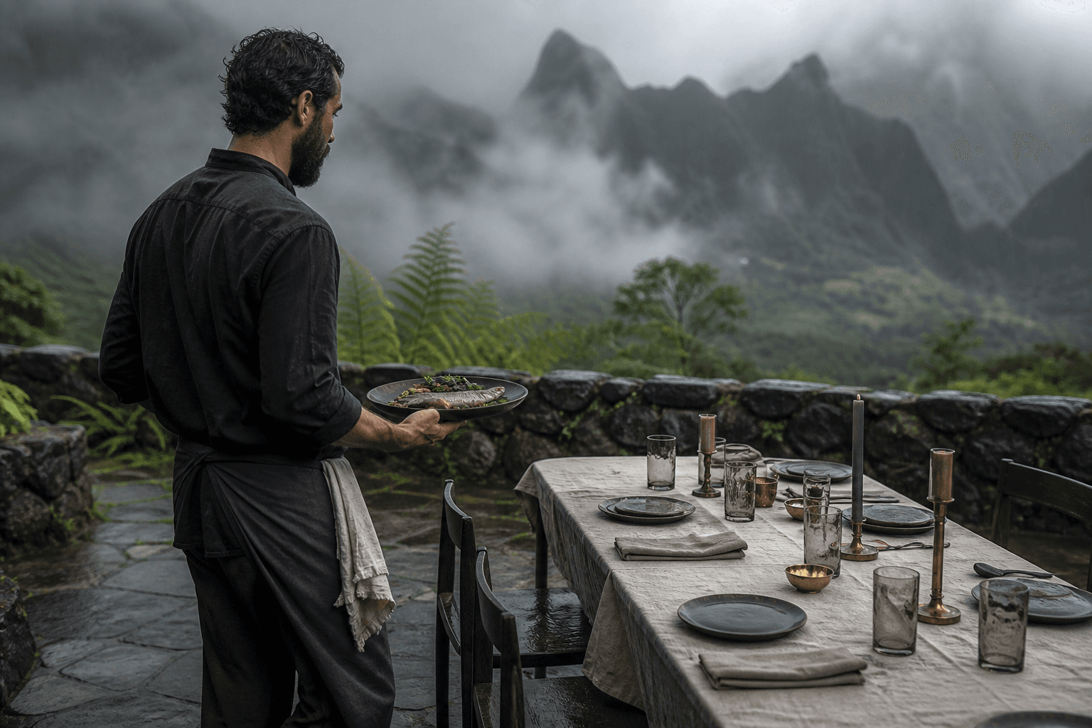 A chef carrying plated fish across a wet Hanalei stone terrace, misted fluted mountains beyond.