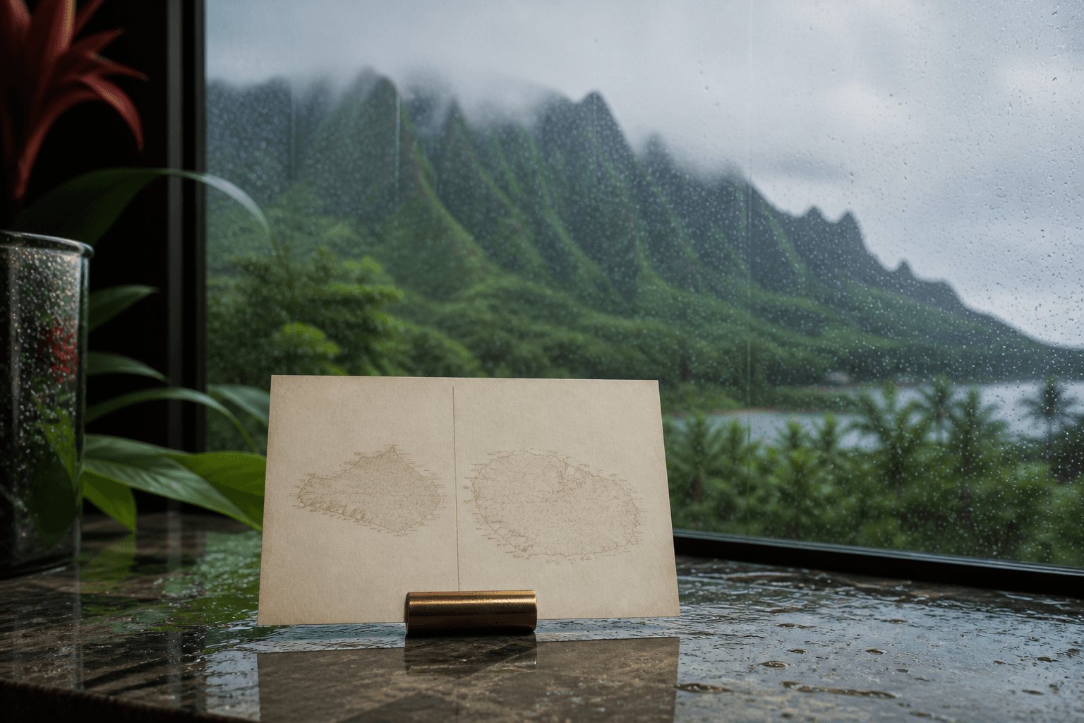 A Princeville stone counter with a both-shores map card, wet glass, misted fluted mountains.