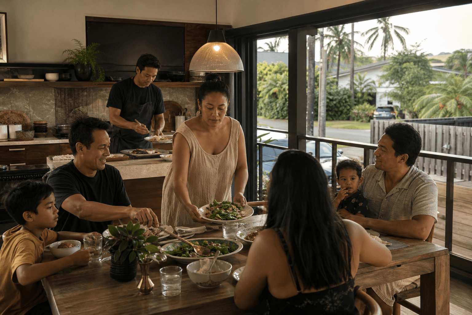 East-side Kapaʻa town-house dinner — family feast, coconut palms, a quieter Kauaʻi residential street.