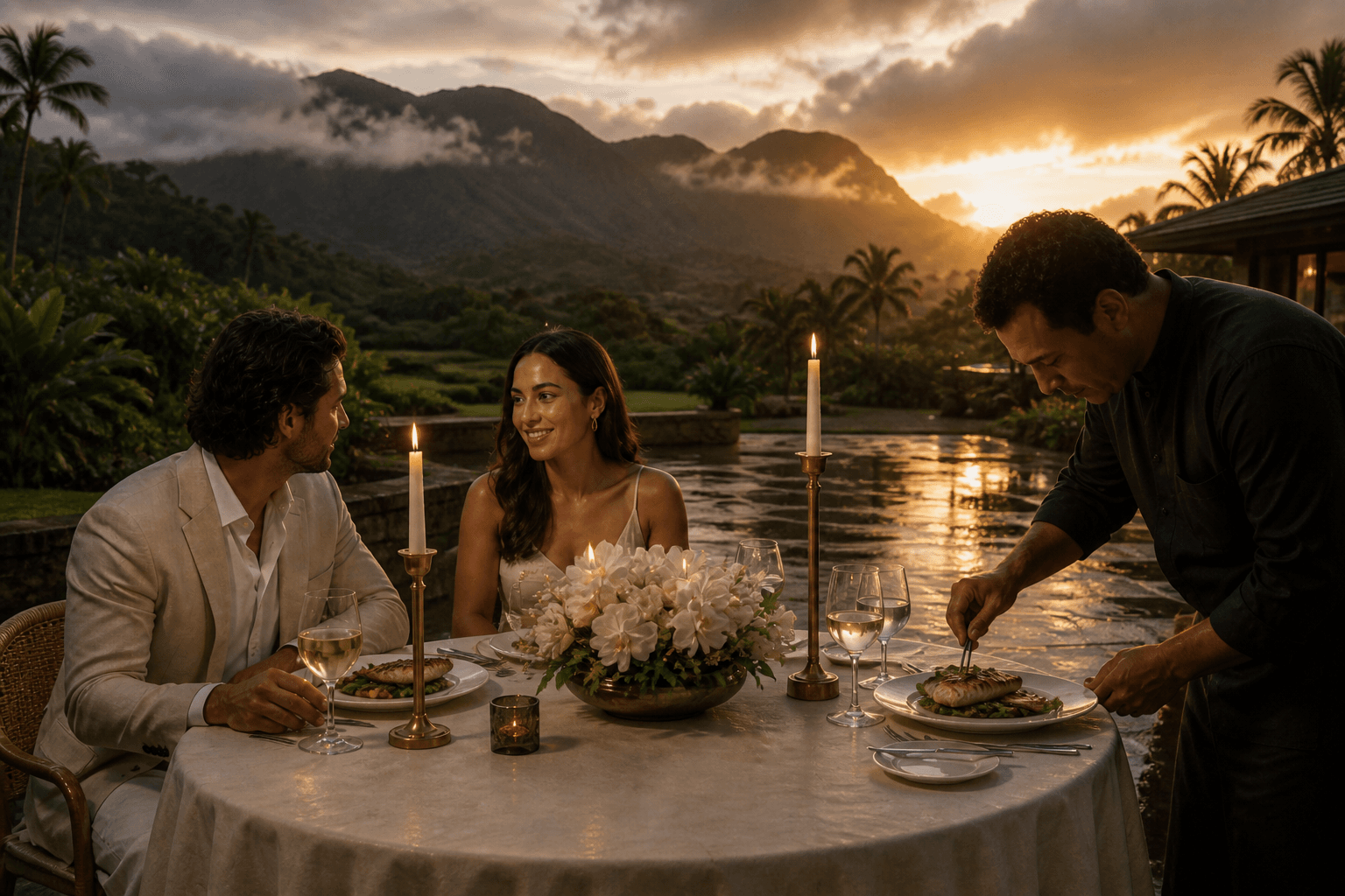 Grilled-fish plates on a wet North Shore Kauaʻi stone terrace against misted peaks.