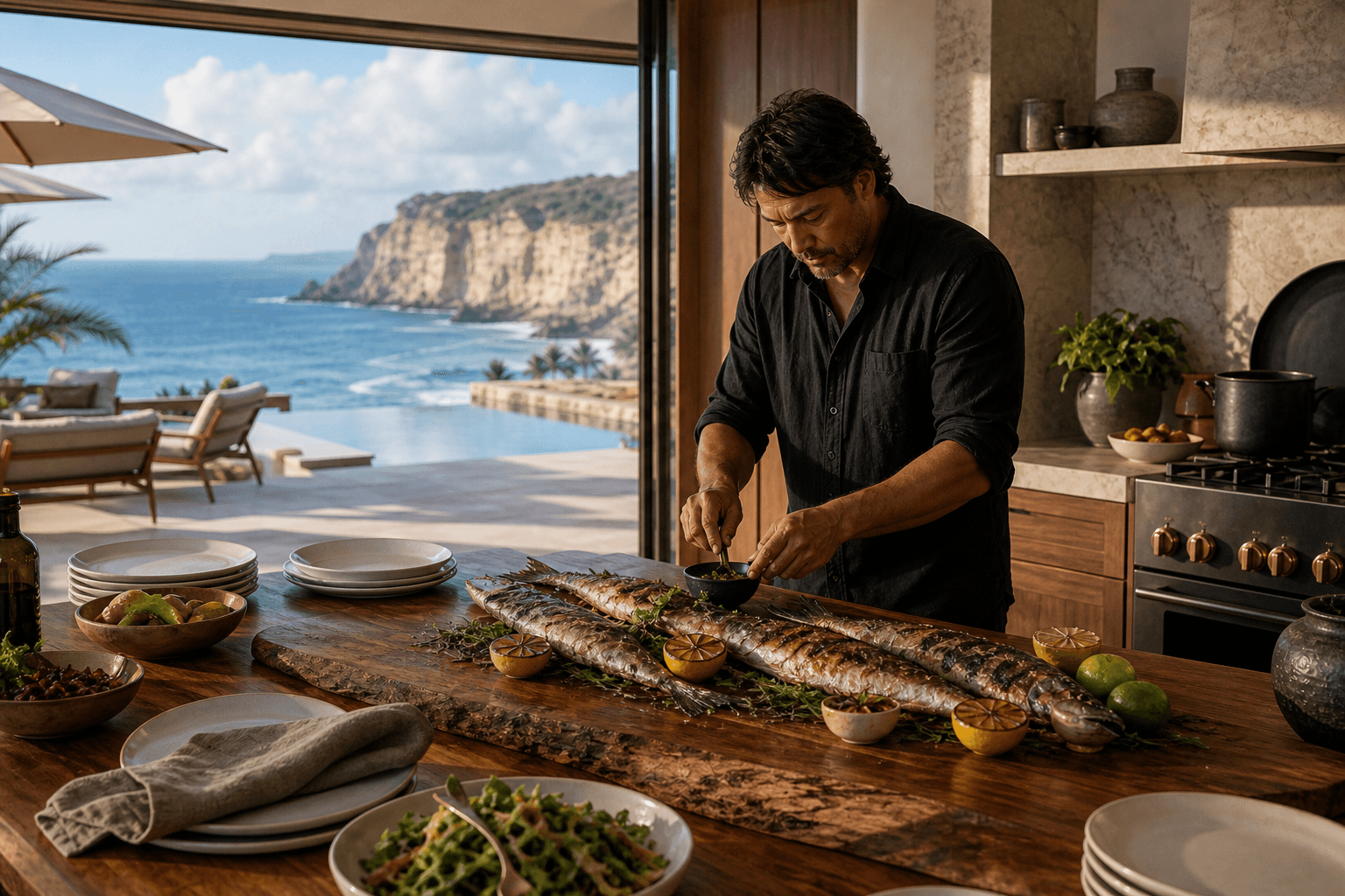 Whole fish and fruit in a Poʻipū villa kitchen opening to a pool and pale cliffs.