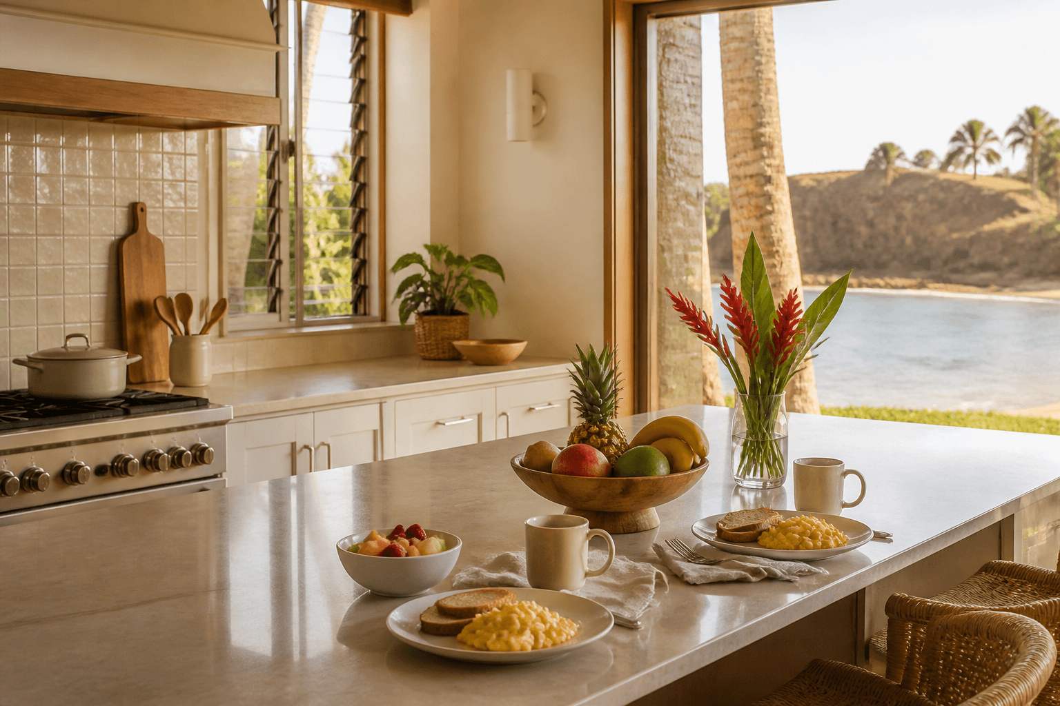 Breakfast in a Poʻipū kitchen — eggs, fruit, pale cliffs.