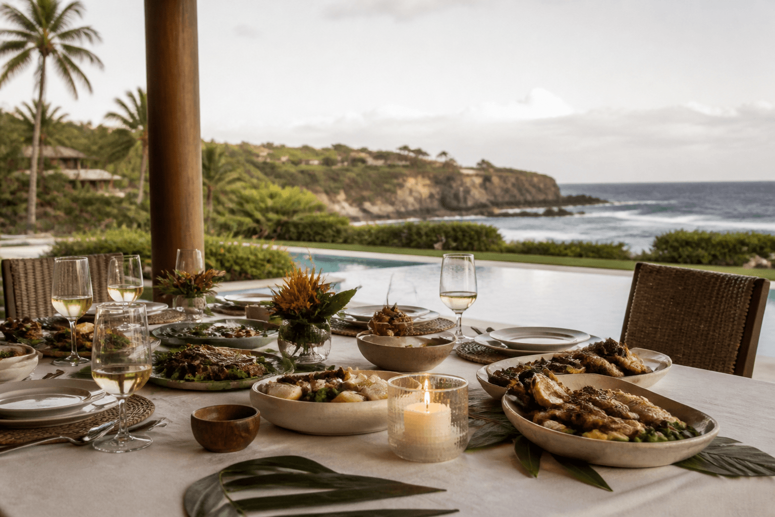 Shared family-style platters on a Poʻipū estate table, pool and pale cliffs.